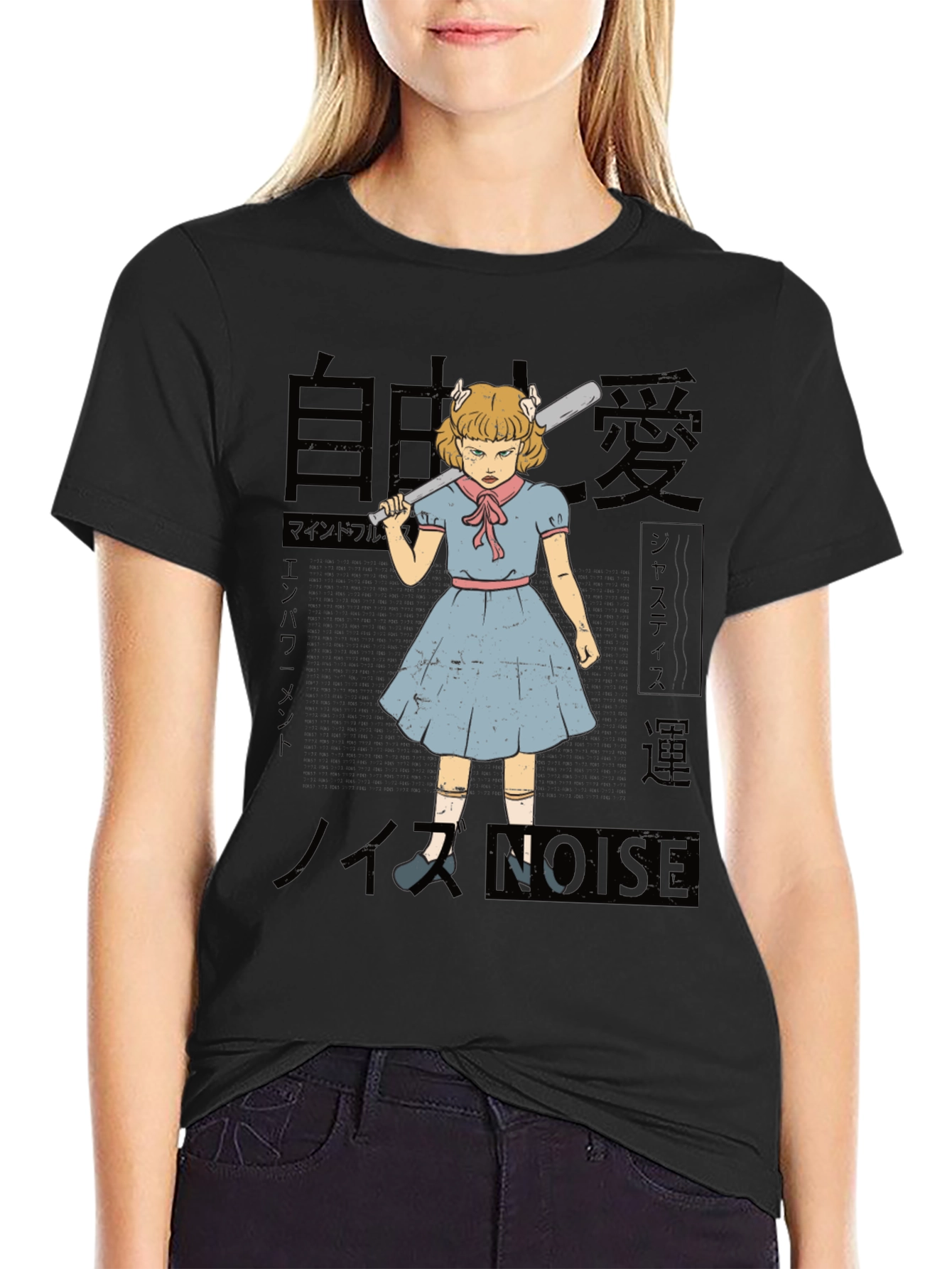Black Retro Anime Girl with Baseball Bat Graphic Tee view 2