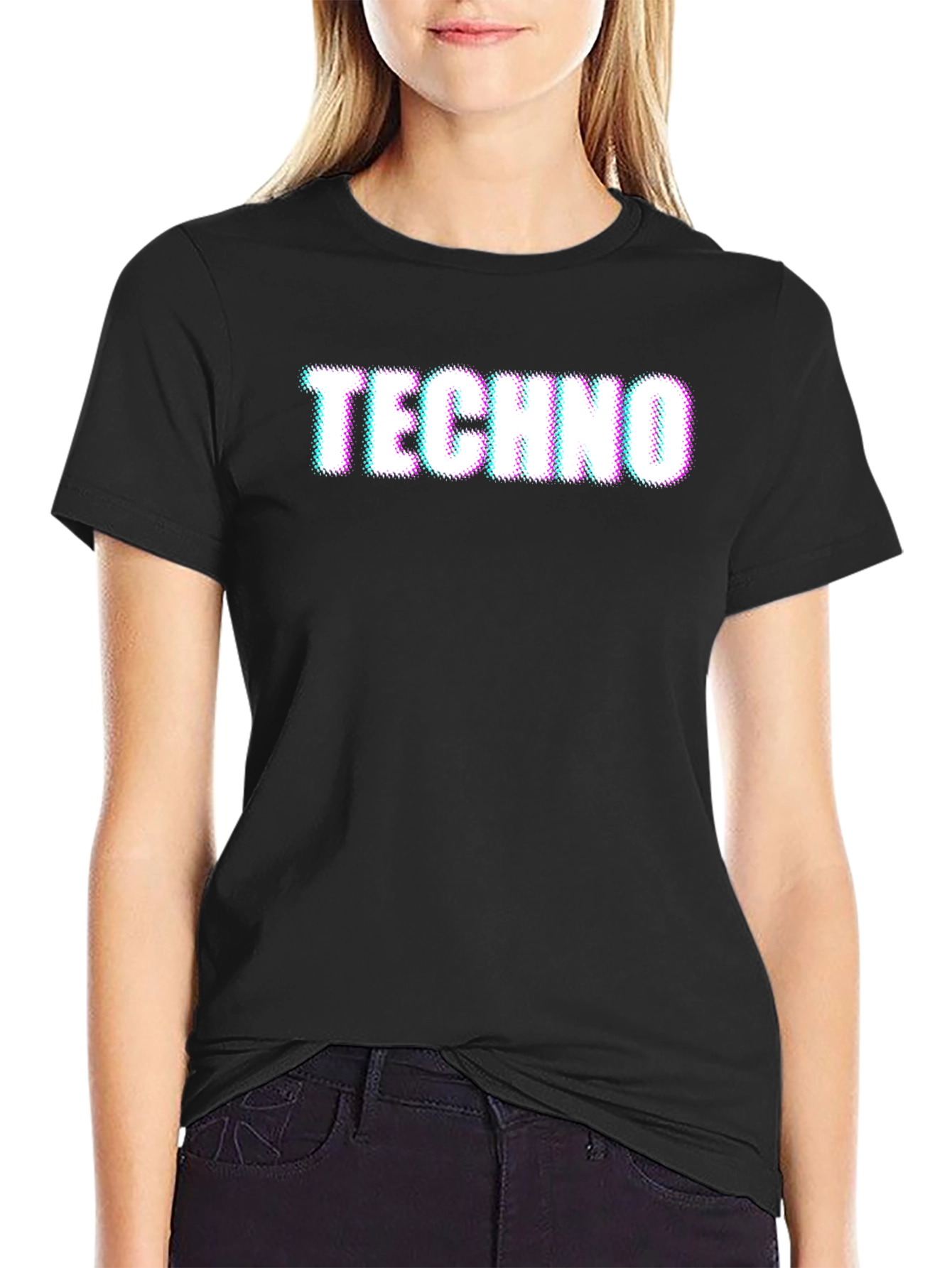 Black Techno Glitch Style Black T-Shirt view 2