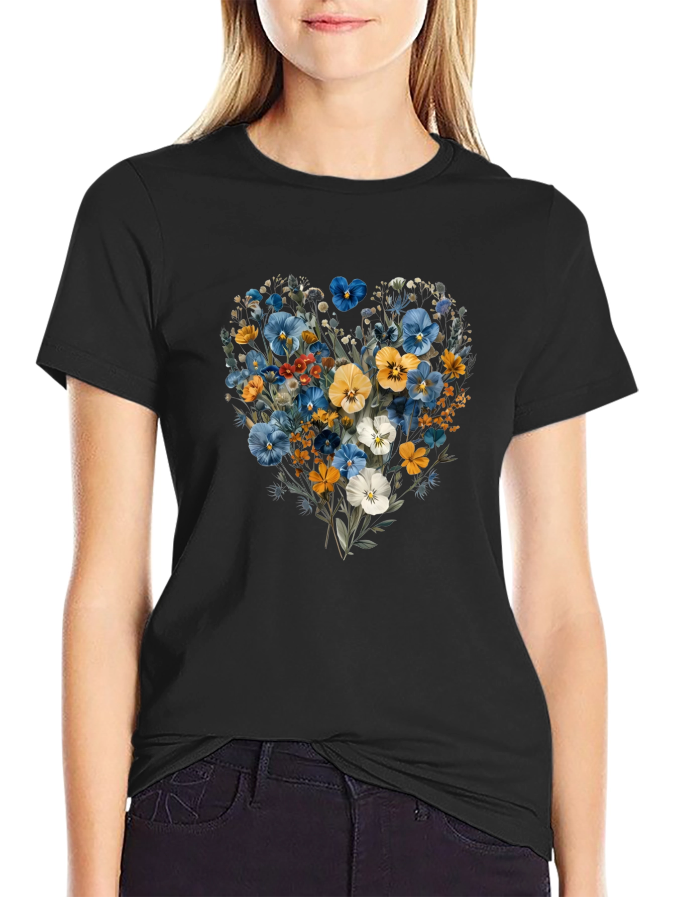 Black Floral Heart Graphic Tee - Black Crew Neck T-Shirt view 2