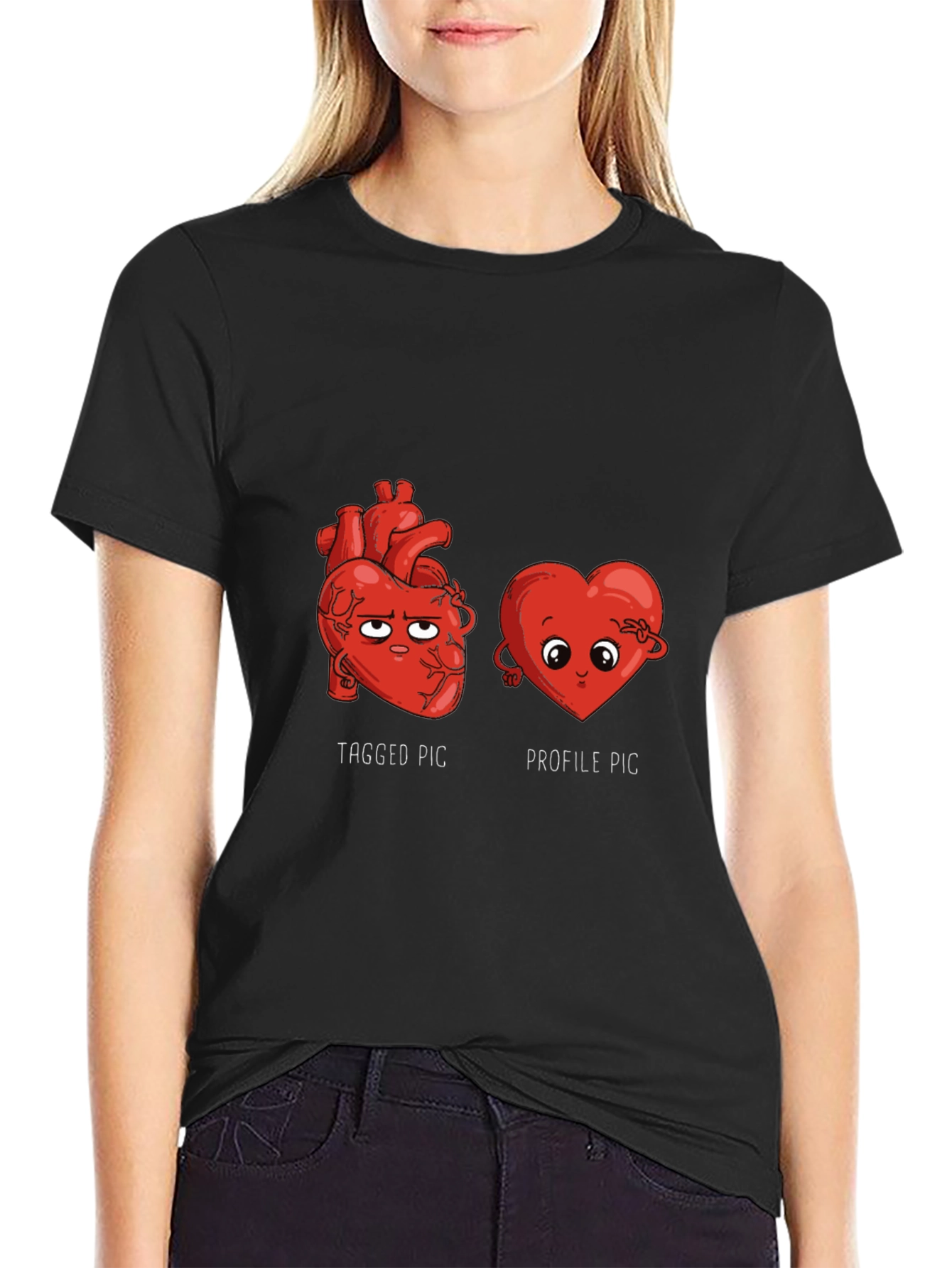 Black Funny Heart T-Shirt - Tagged vs. Profile Pic view 2