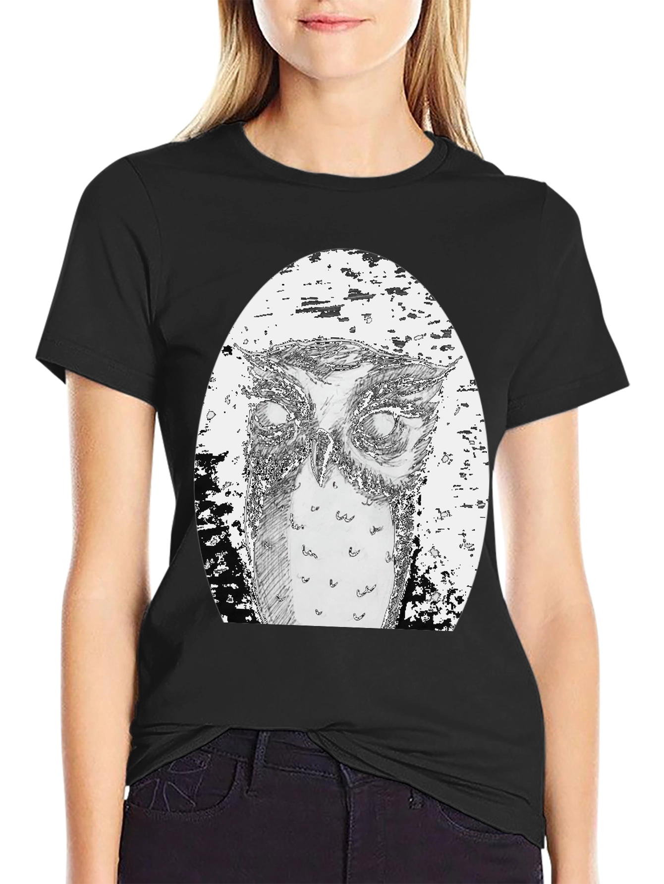 Black Owl Graphic Tee - Unique Hand Drawn Design view 2
