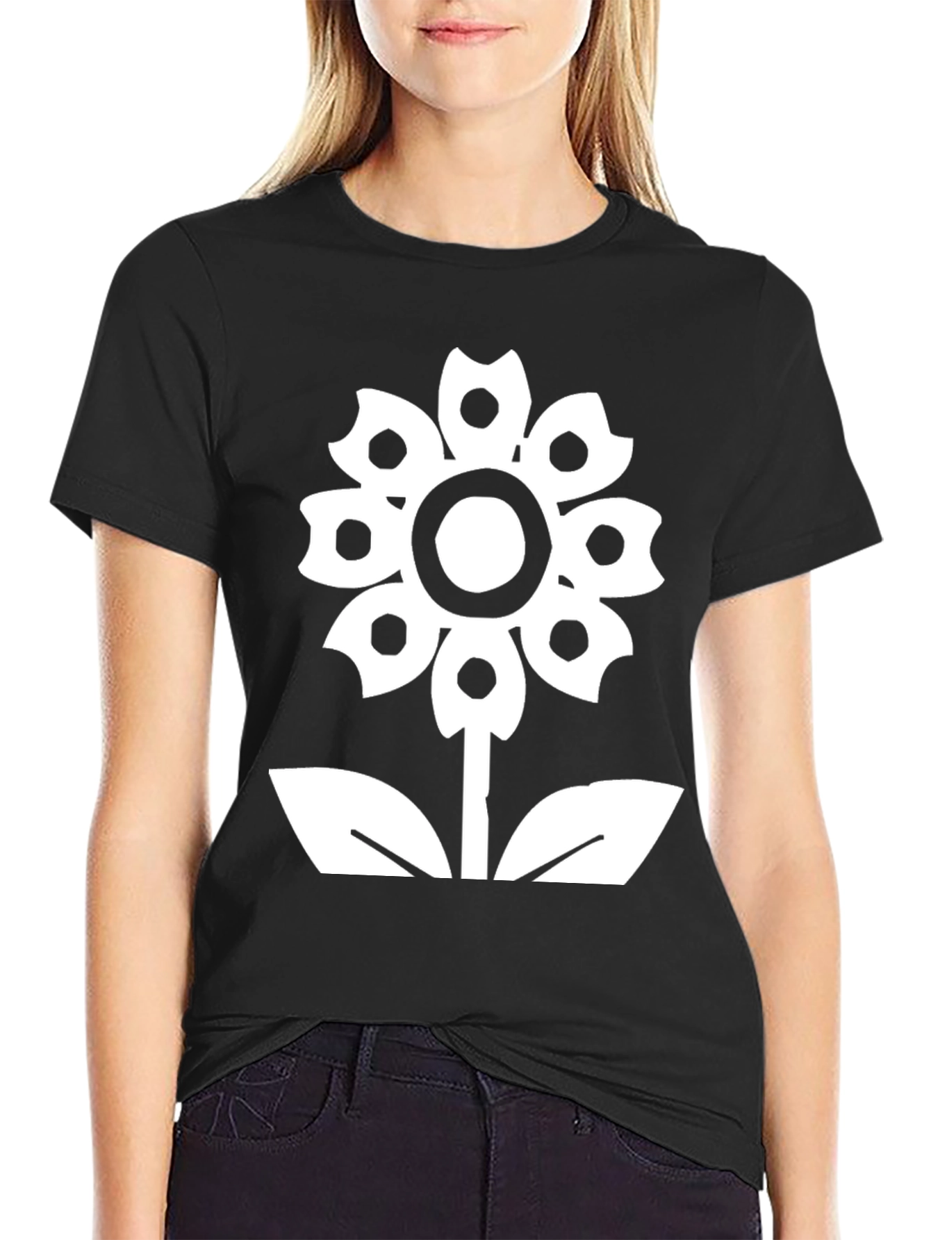 Black Flower Graphic Tee - Black Cotton Casual T-Shirt view 2