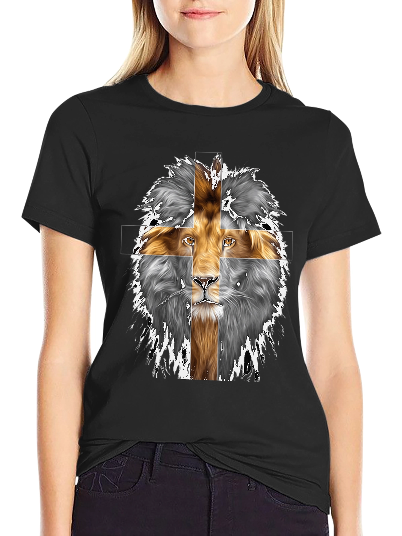 Black Lion Cross Graphic Black T-Shirt view 2