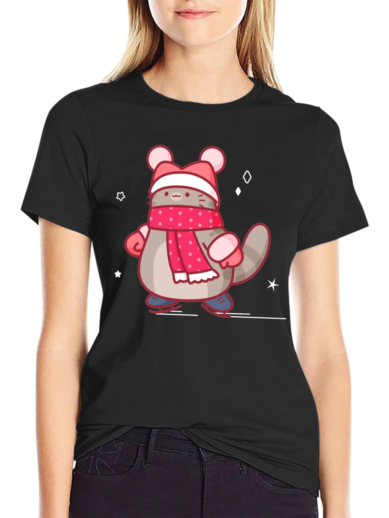 Black Cute Cartoon Cat in Winter Gear T-Shirt view 2