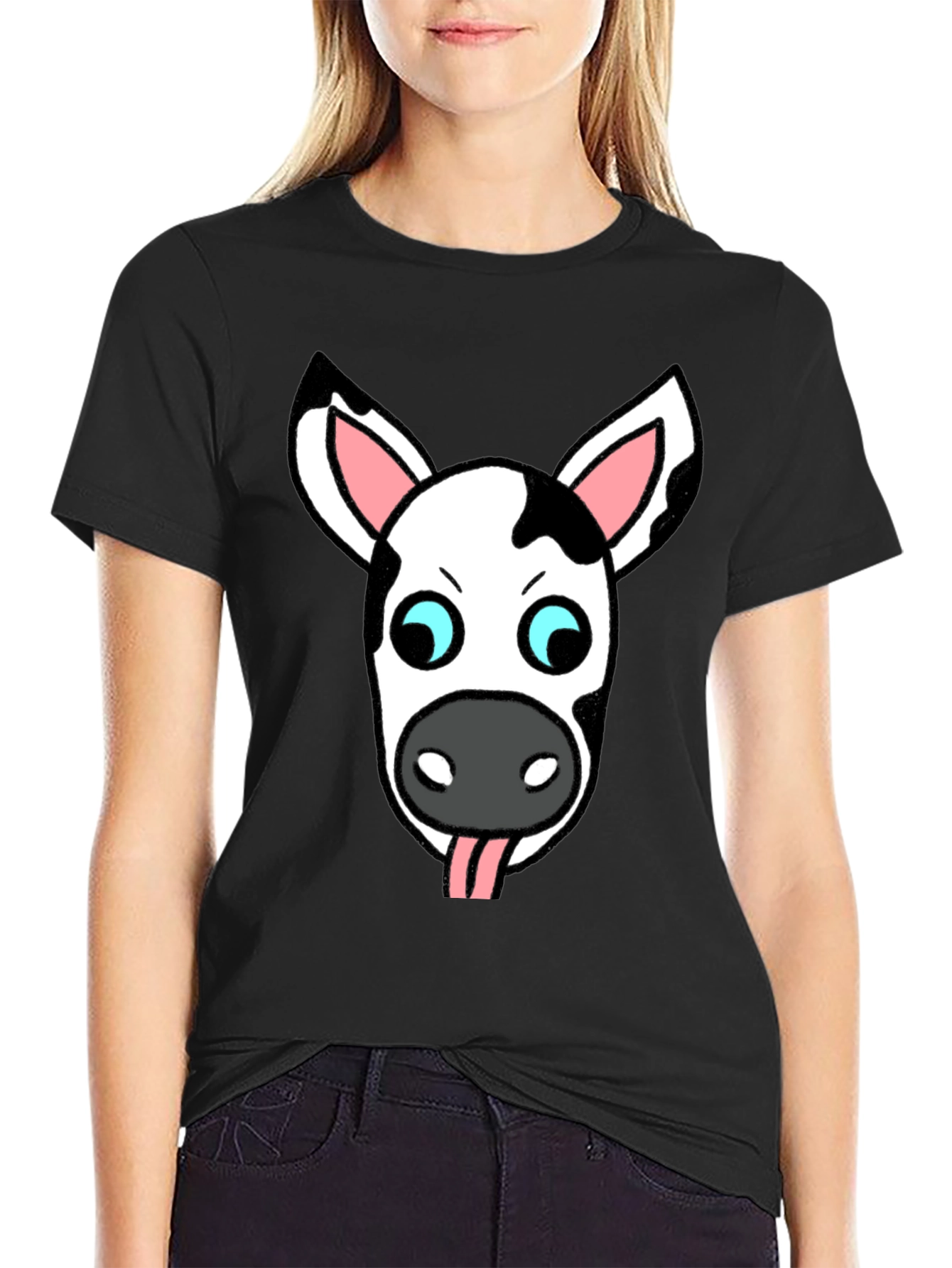 Black Funny Cow Face Graphic T-Shirt view 2