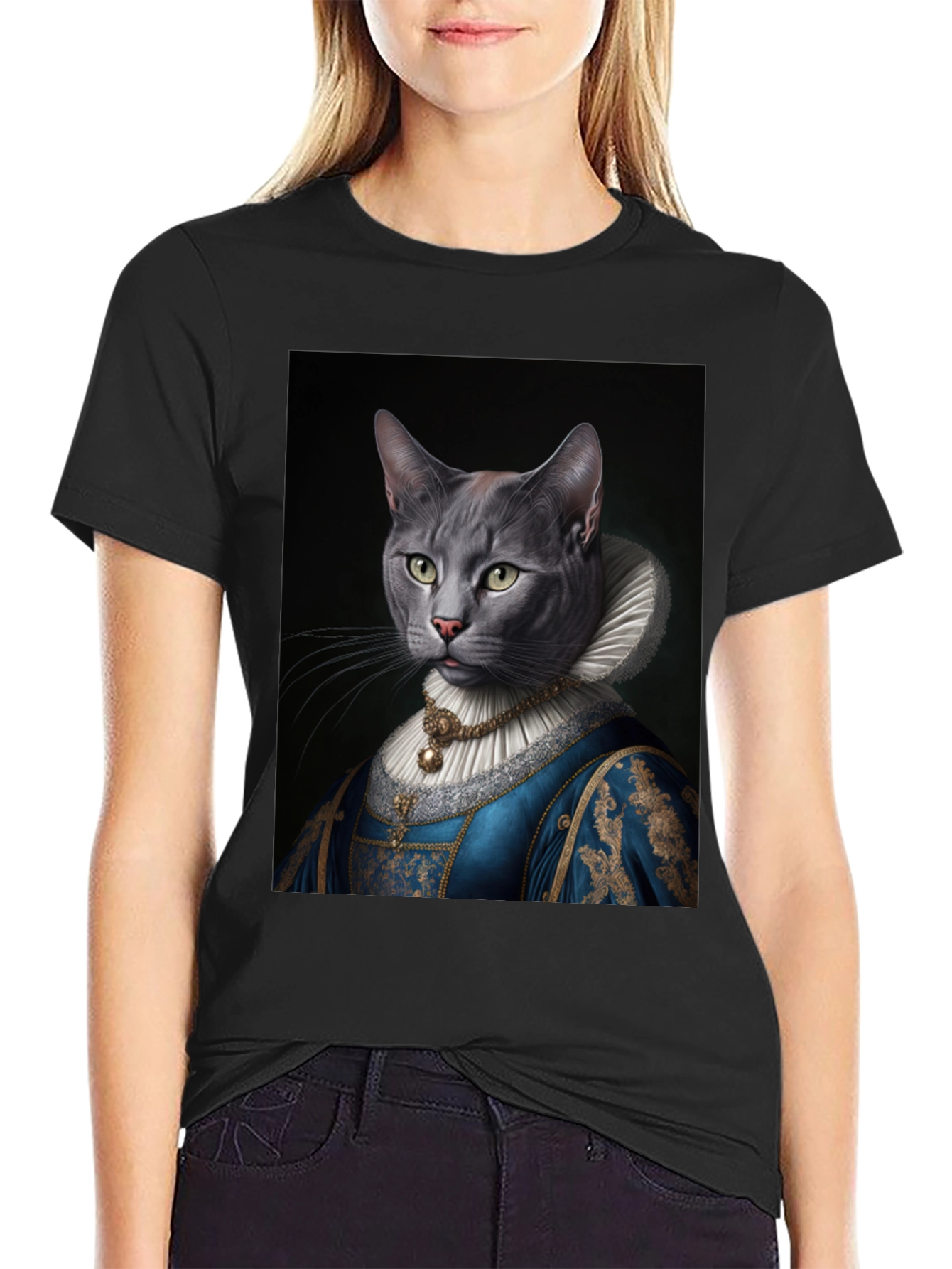 Black Royal Cat Portrait T-Shirt - Quirky Renaissance Style view 2