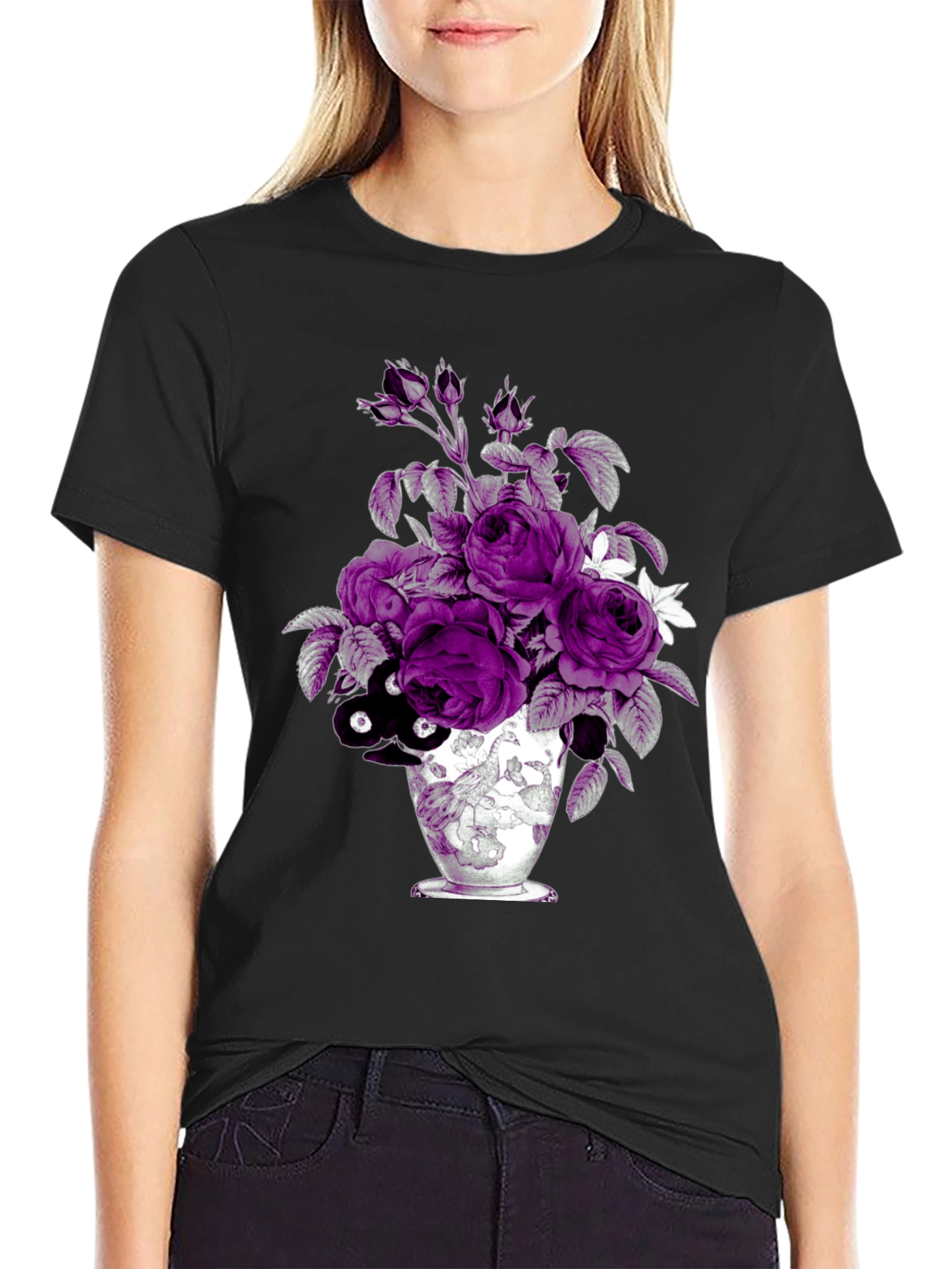 Black Floral Vase Graphic Tee - Unique Design view 2