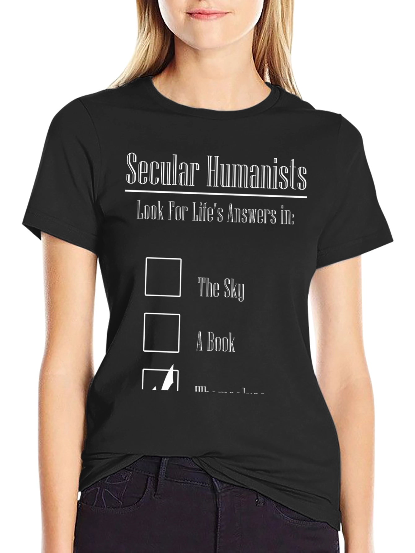 Black Secular Humanist T-Shirt - Find Answers Here view 2