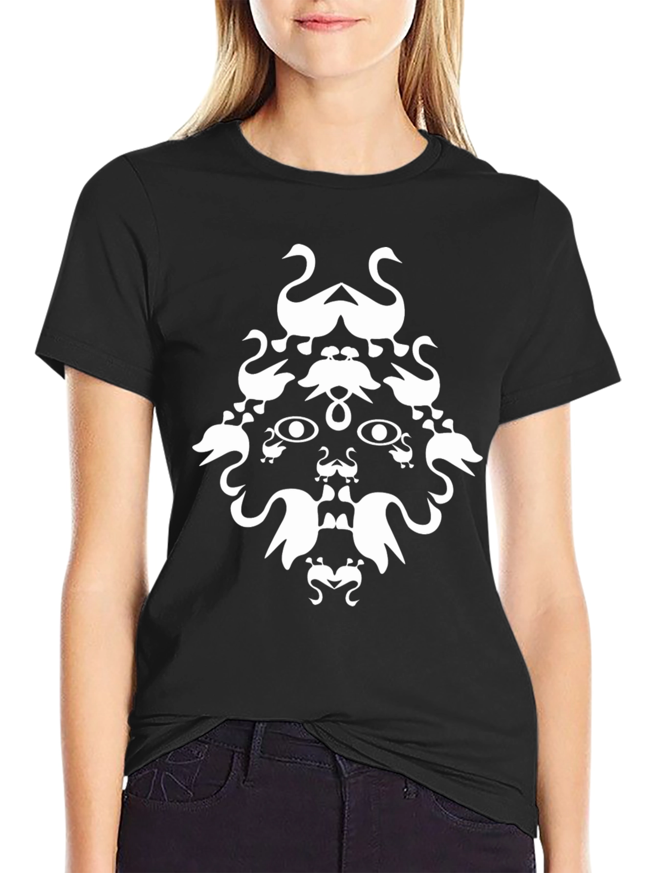 Black Abstract Swan Face Graphic Black T-Shirt view 2