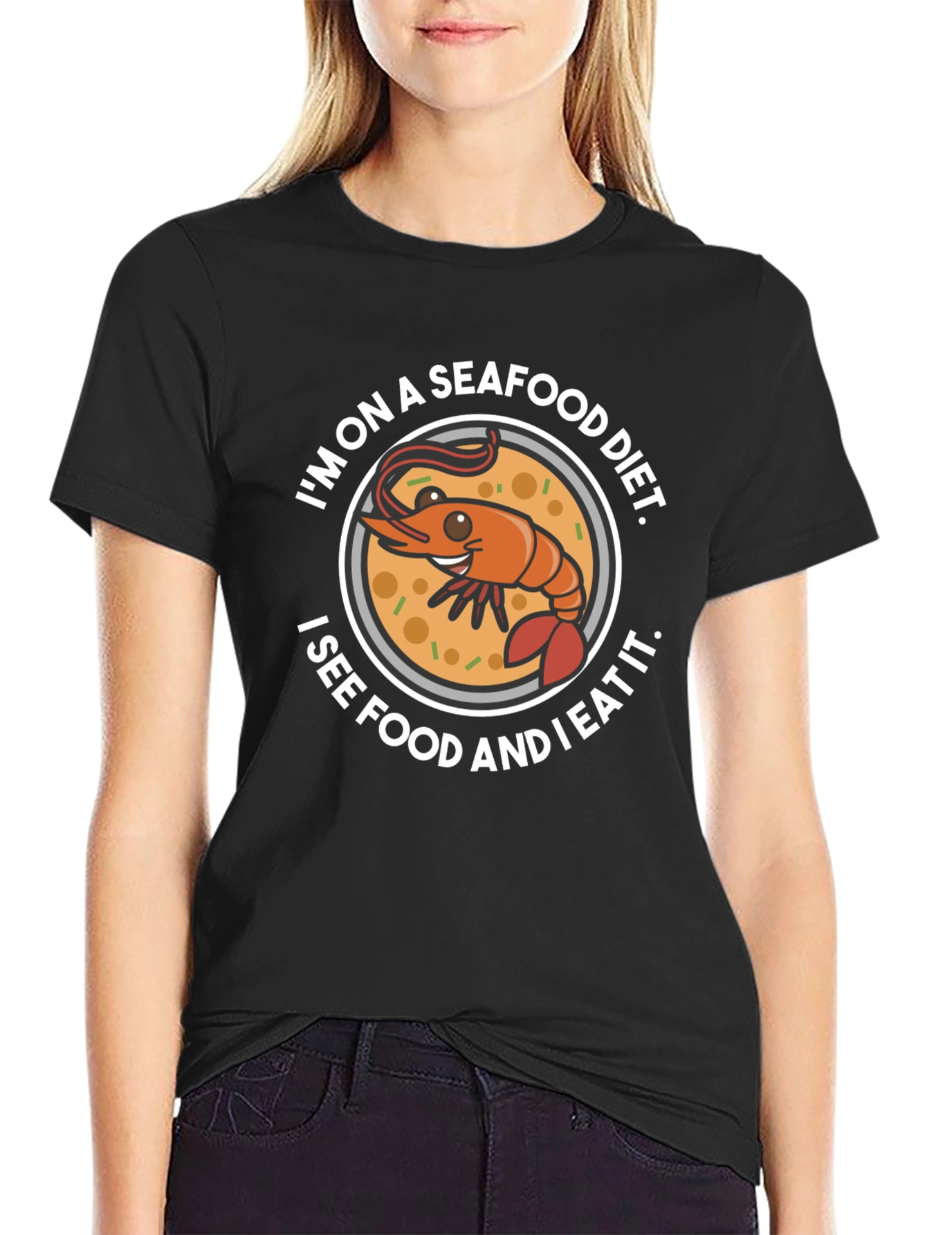 Black Seafood Diet T-Shirt Funny Shrimp Eater Graphic Tee view 2