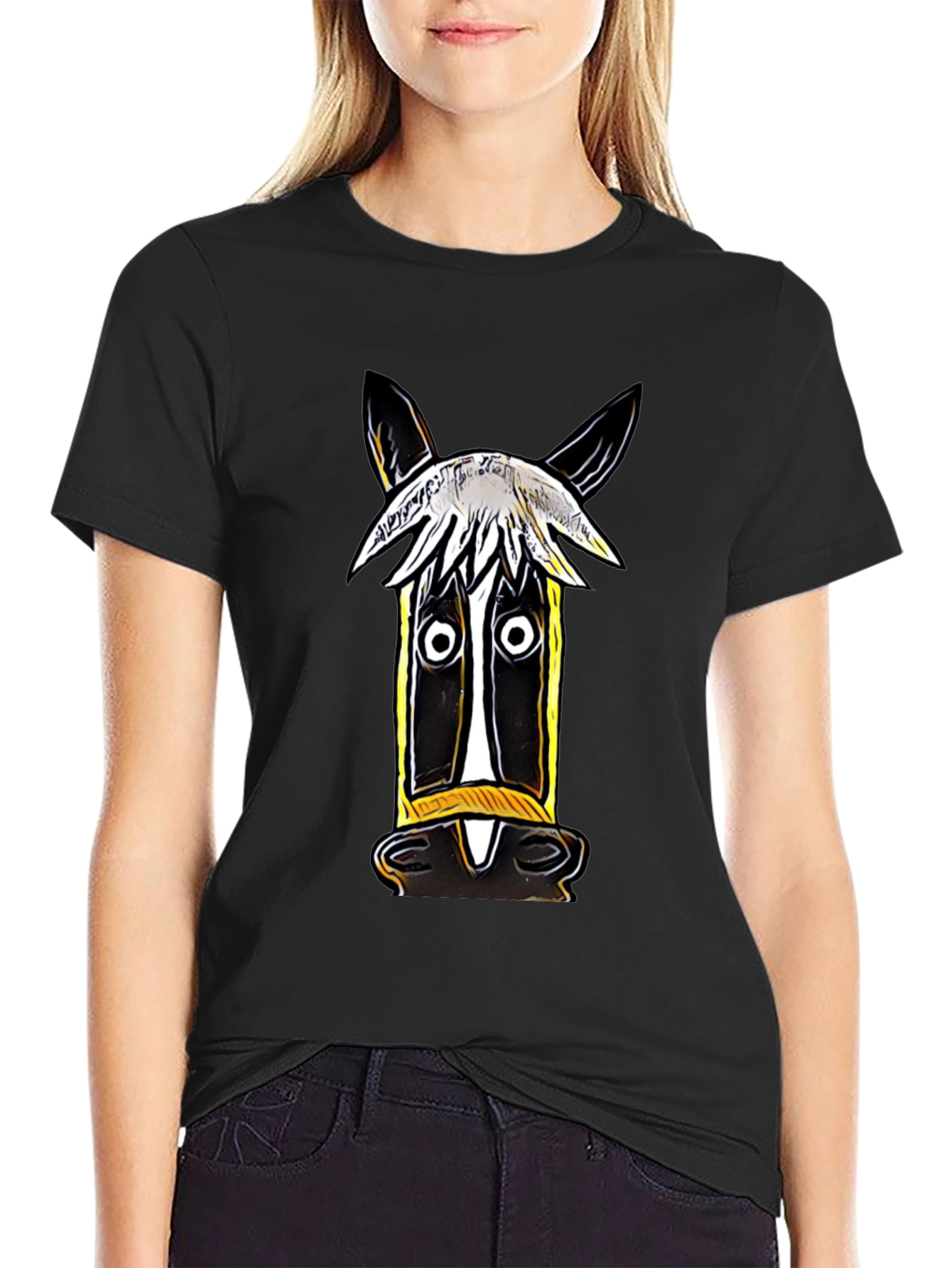 Black Whimsical Horse Graphic Tee - Artistic Style view 2