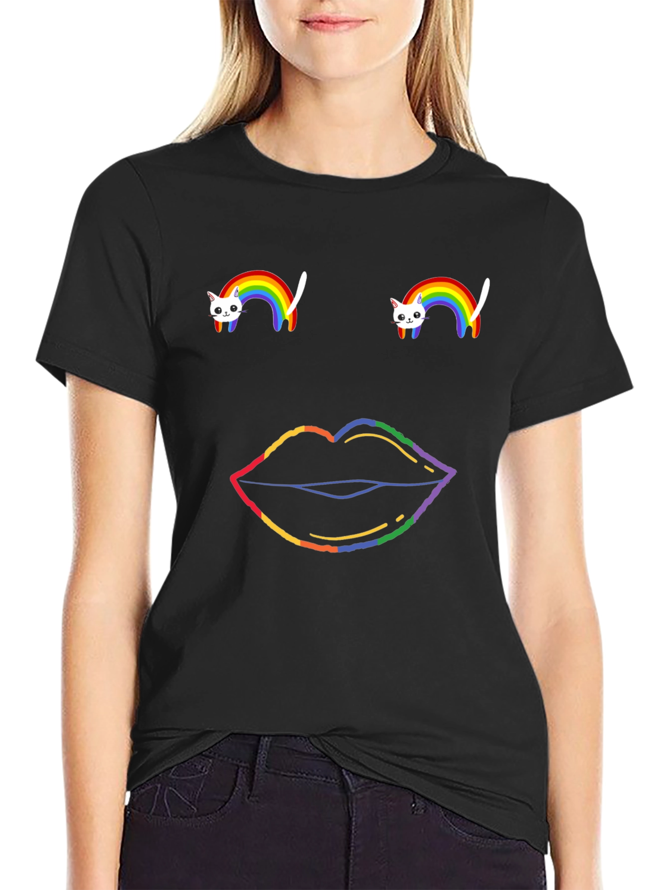 Black Rainbow Cat & Lips Graphic Tee - Black Cotton T-Shirt view 2