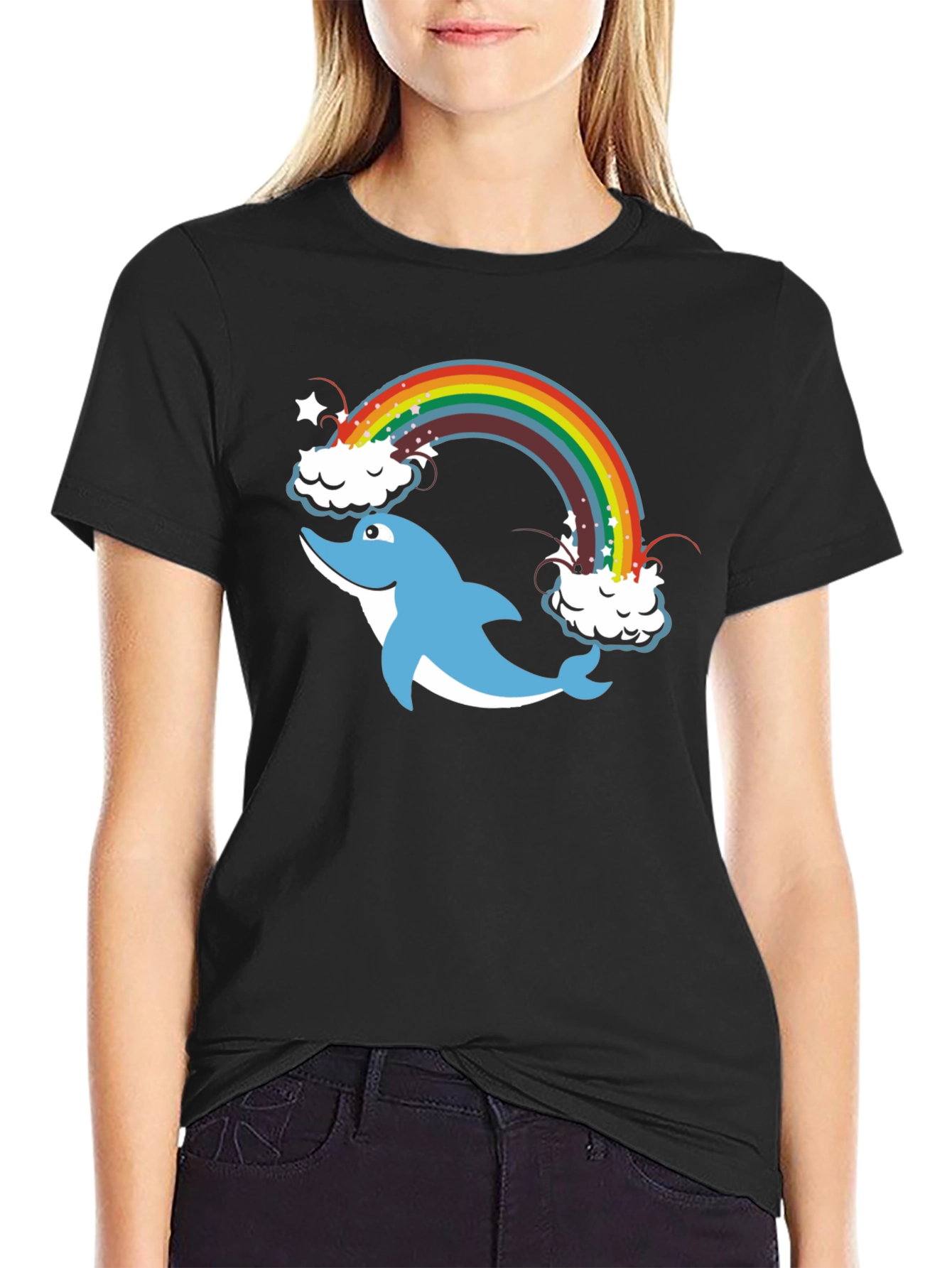 Black Dolphin Rainbow Black T-Shirt view 2