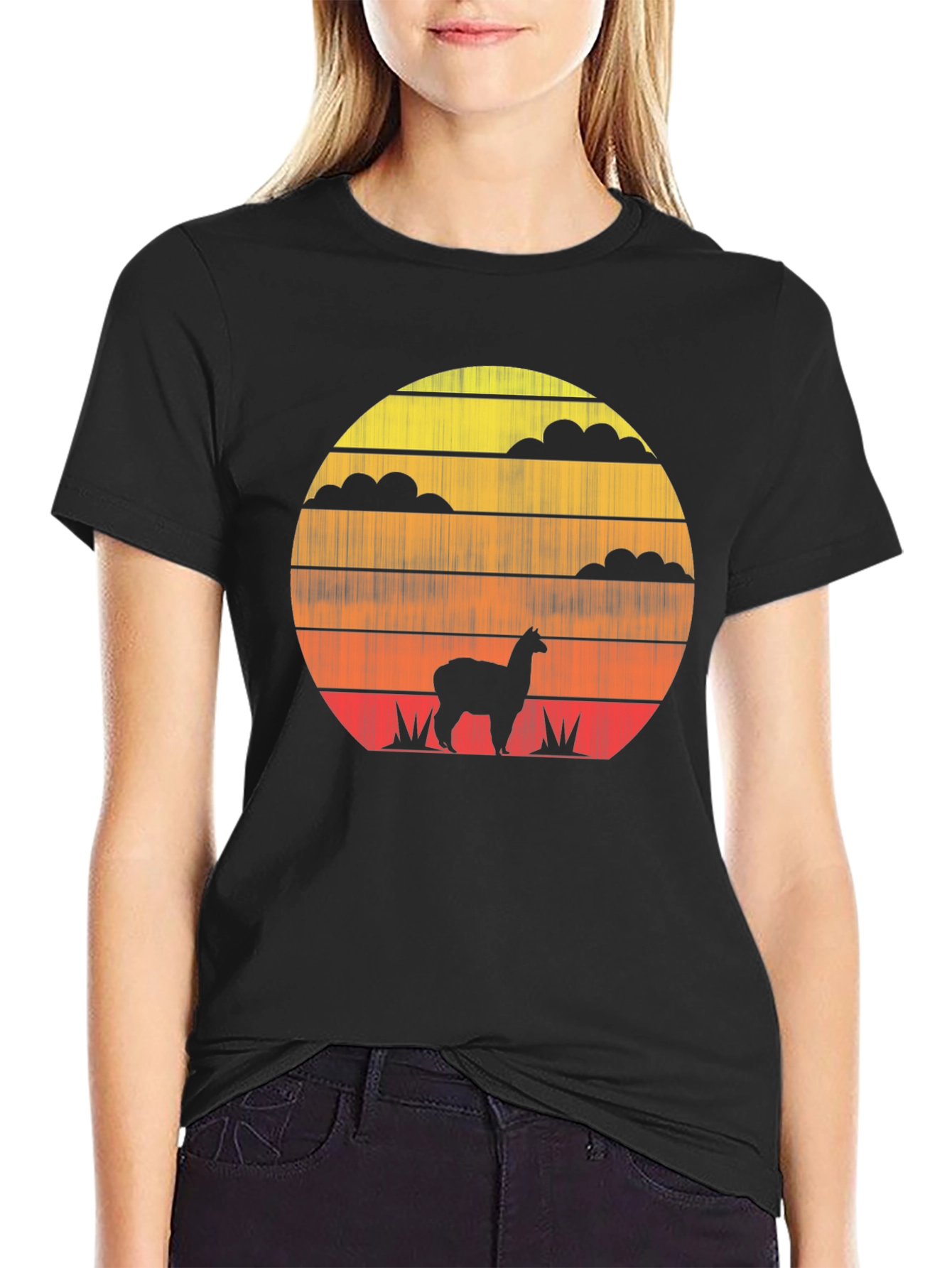 Black Retro Sunset Alpaca T-Shirt - Stylish Graphic Tee view 2