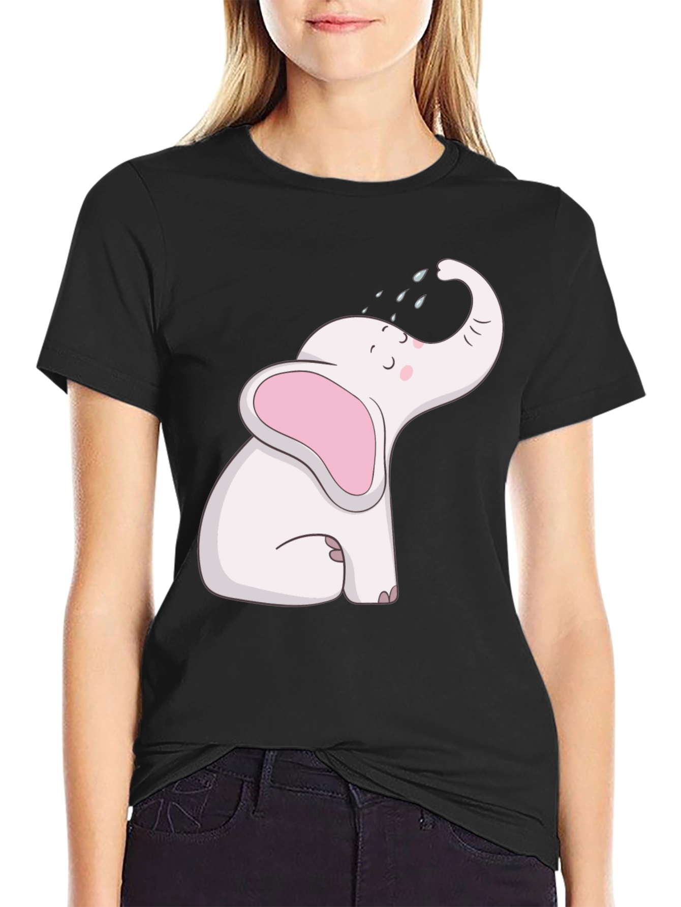 Black Cute Elephant Graphic Tee - Black Cotton T-Shirt view 2