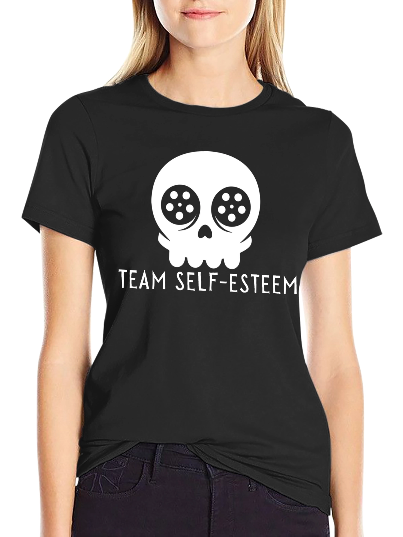 Black Team Self-Esteem Skull Graphic Tee - Black Cotton T-Shirt view 2
