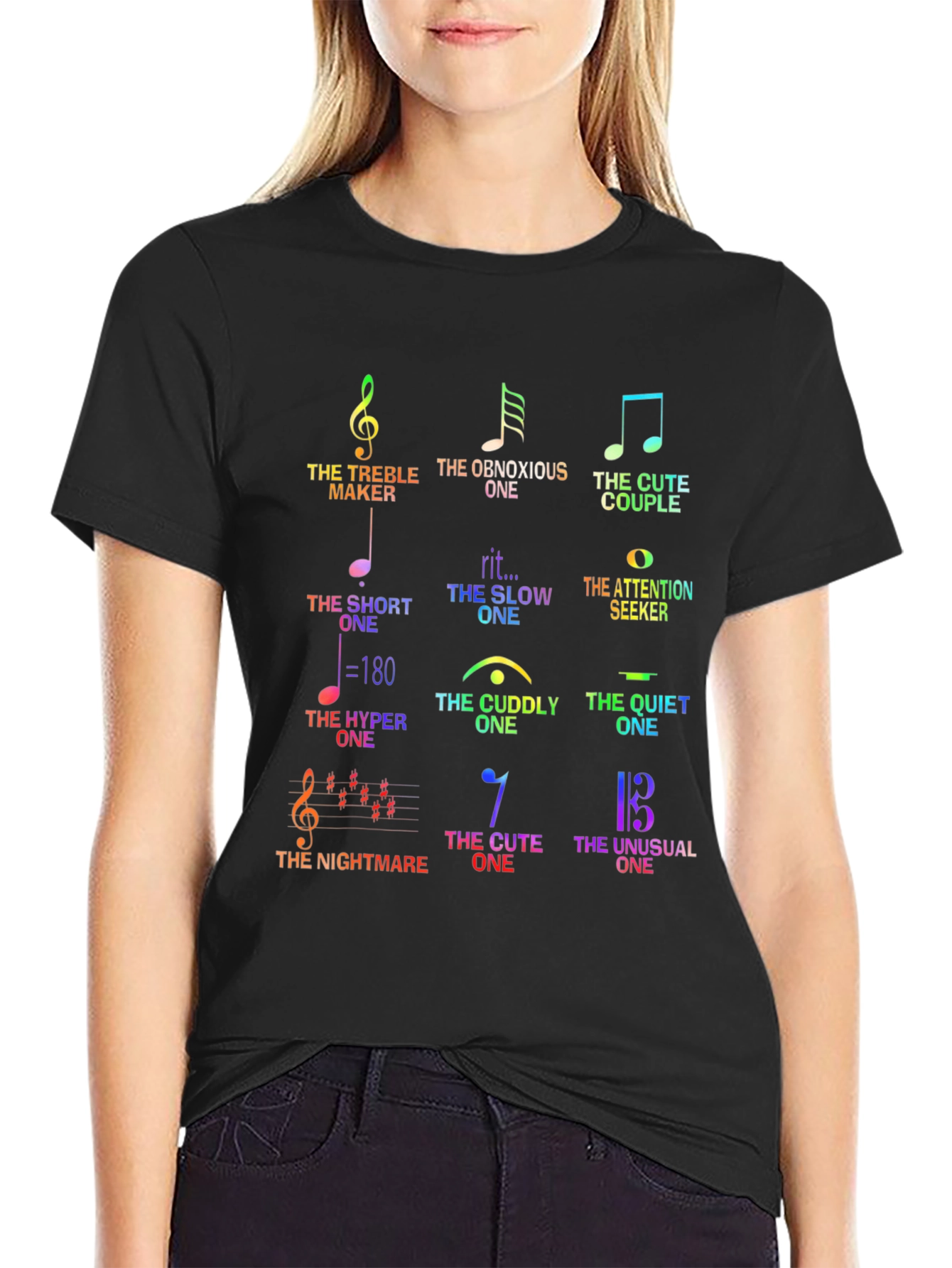 Black Musical Humor Graphic Tee - 'The Music Note Personalities' Shirt view 2