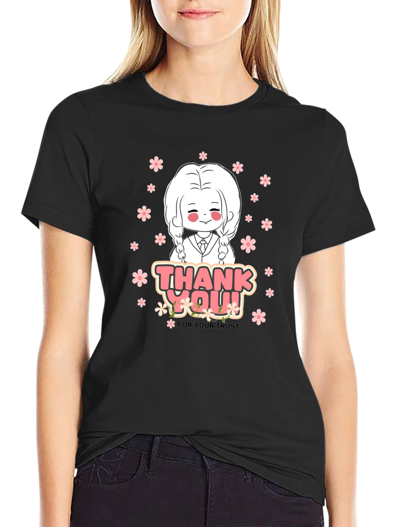 Black Anime Girl Graphic Print Crew Neck T-Shirt view 2