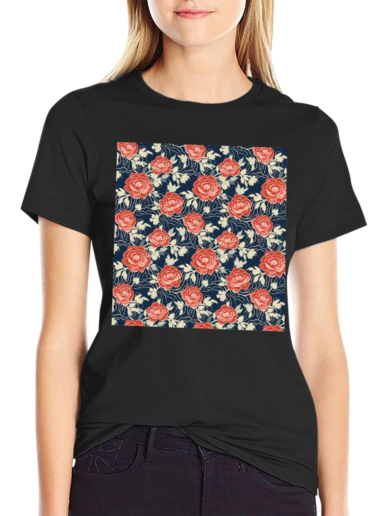 Black Floral Print Tee - Soft & Stylish Cotton T-Shirt view 2
