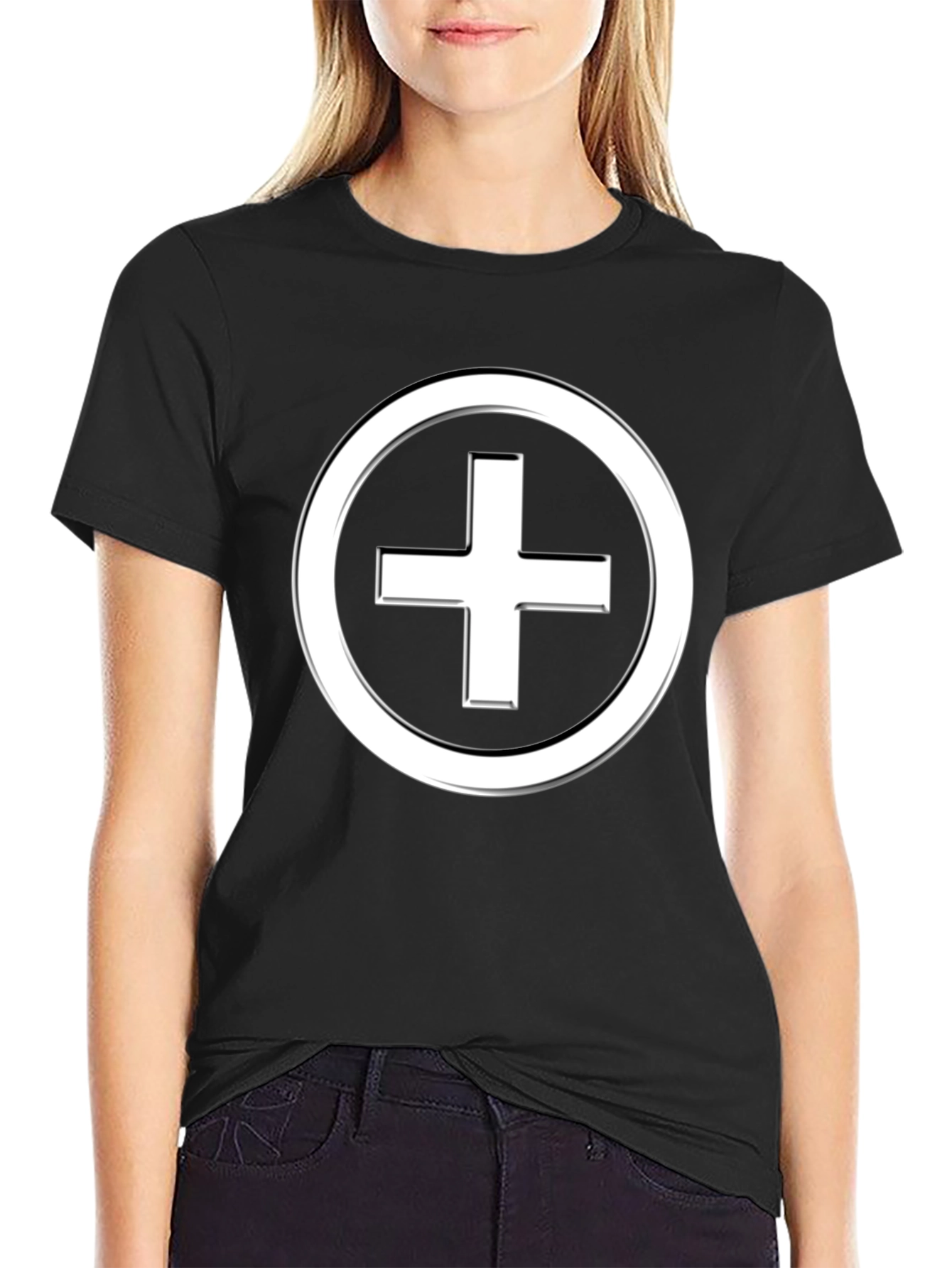 Black Minimalist Plus Sign T-Shirt - Black Cotton Blend view 2