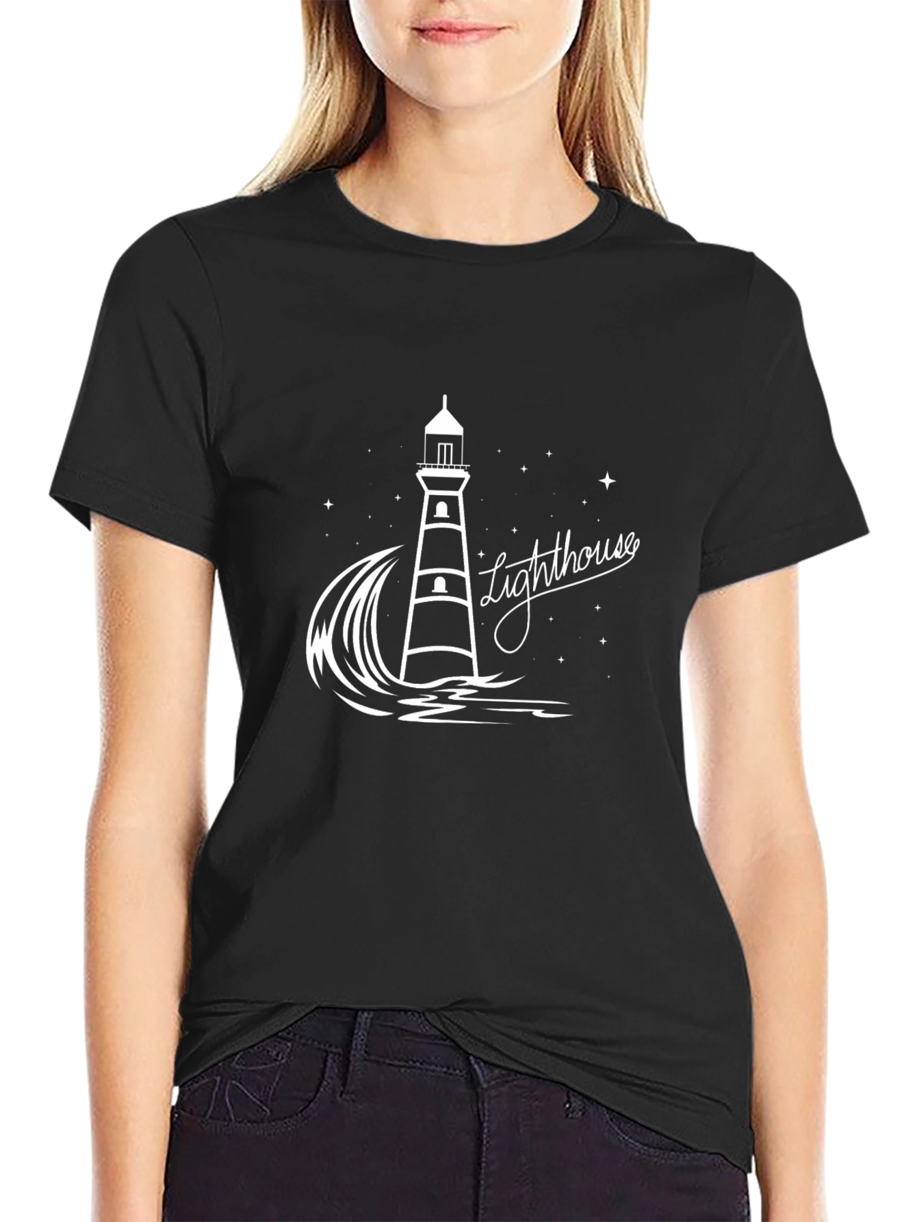 Black Lighthouse Graphic Tee - Black Cotton T-Shirt view 2