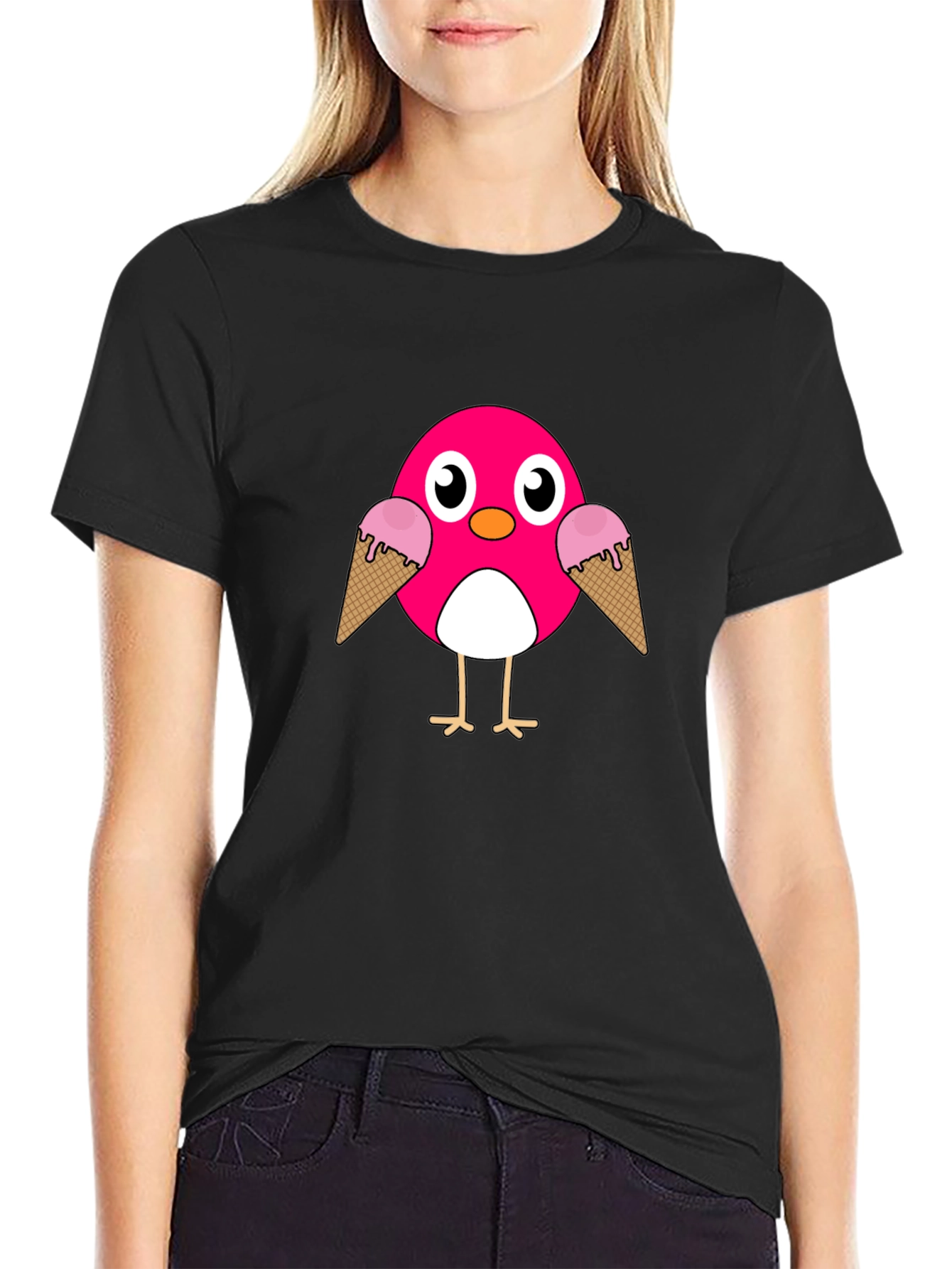 Black Cute Pink Bird with Ice Cream T-Shirt view 2
