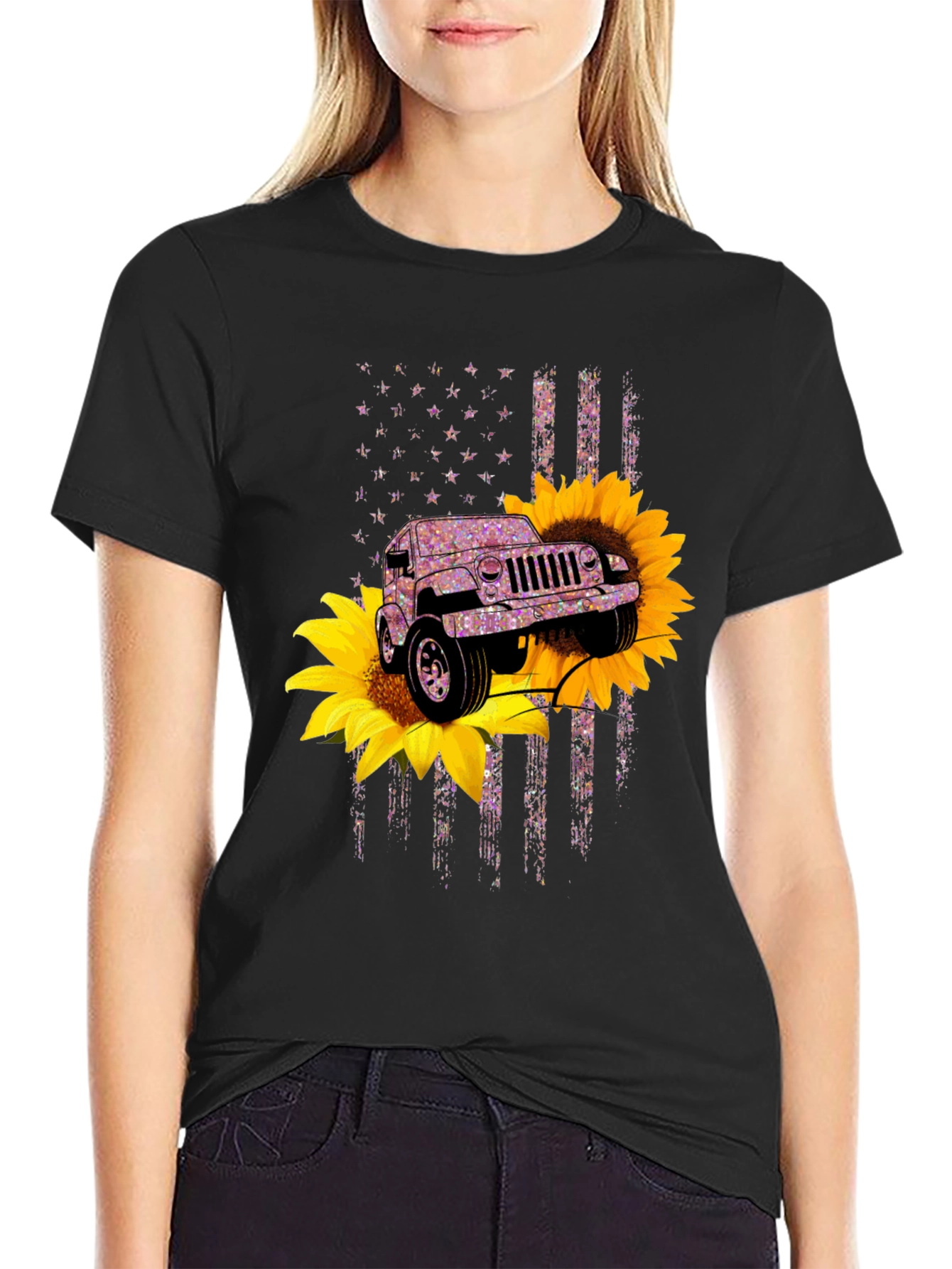 Black Sunflower Jeep T-Shirt - Patriotic Flag Design view 2