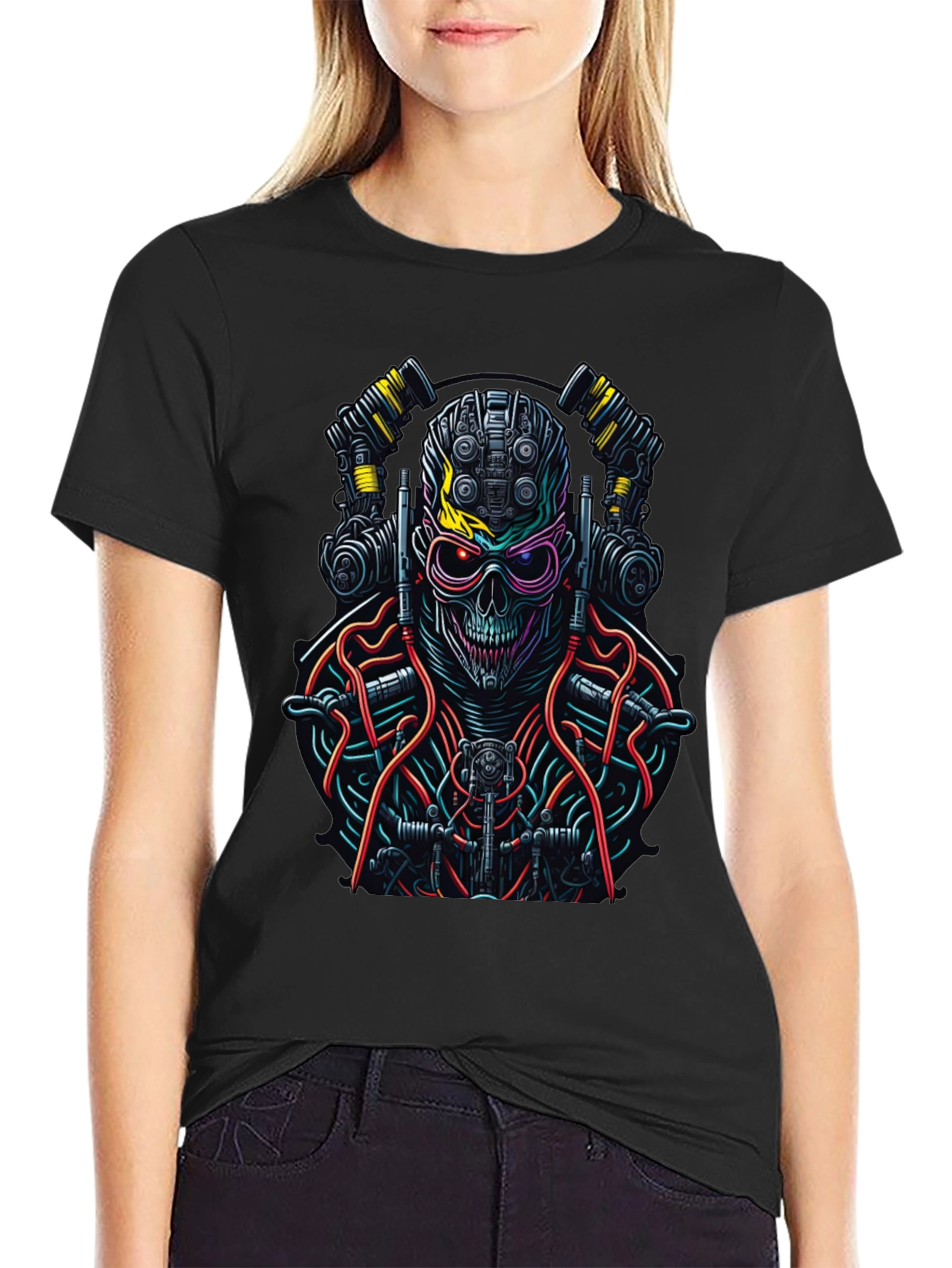 Black Cyberpunk Skull Graphic Tee - Unique Robot Skeleton Design view 2