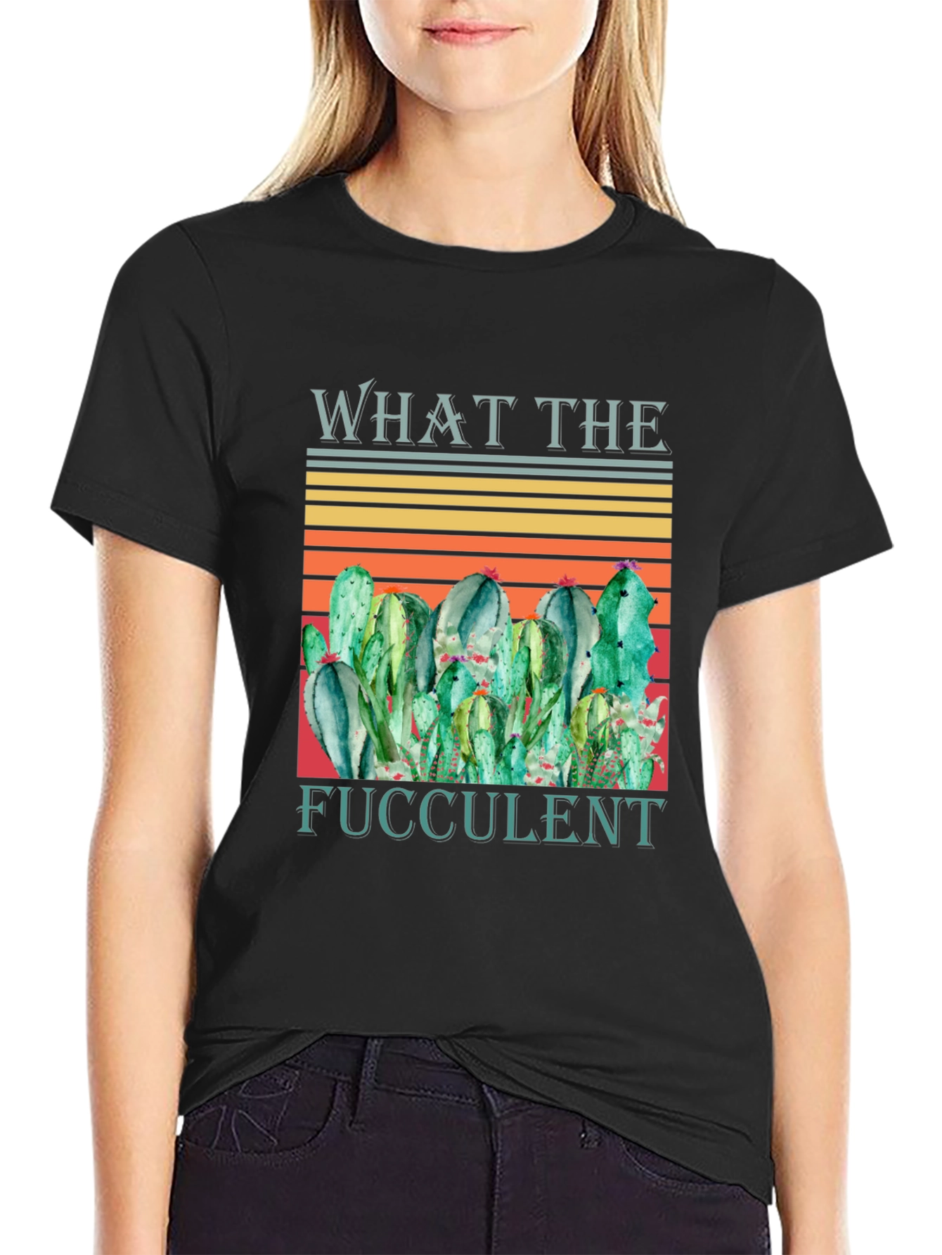 Black What The Fucculent Cactus Graphic T-Shirt view 2
