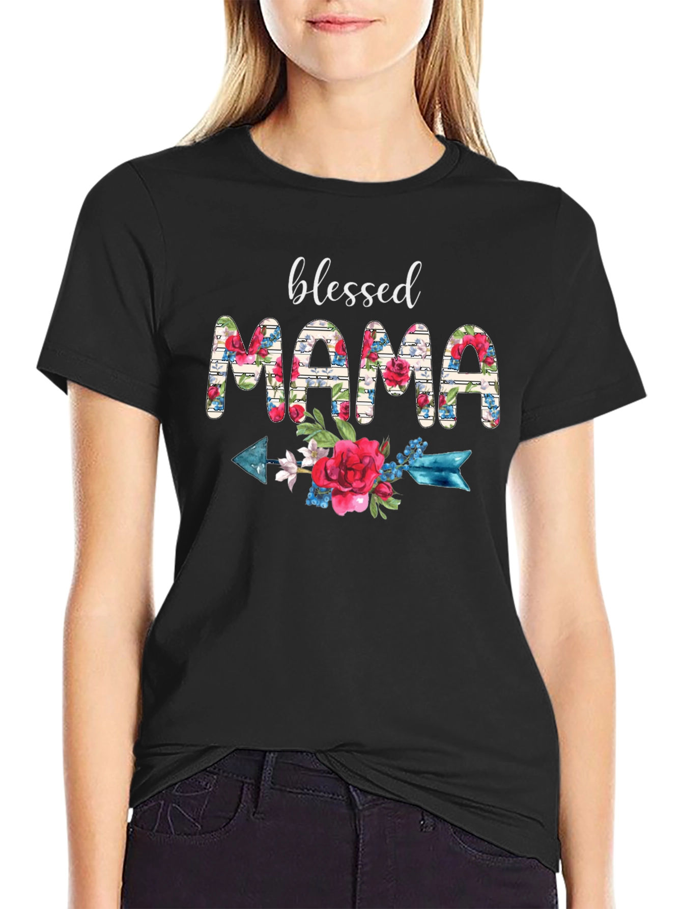 Black Blessed Mama Floral Arrow T-Shirt view 2