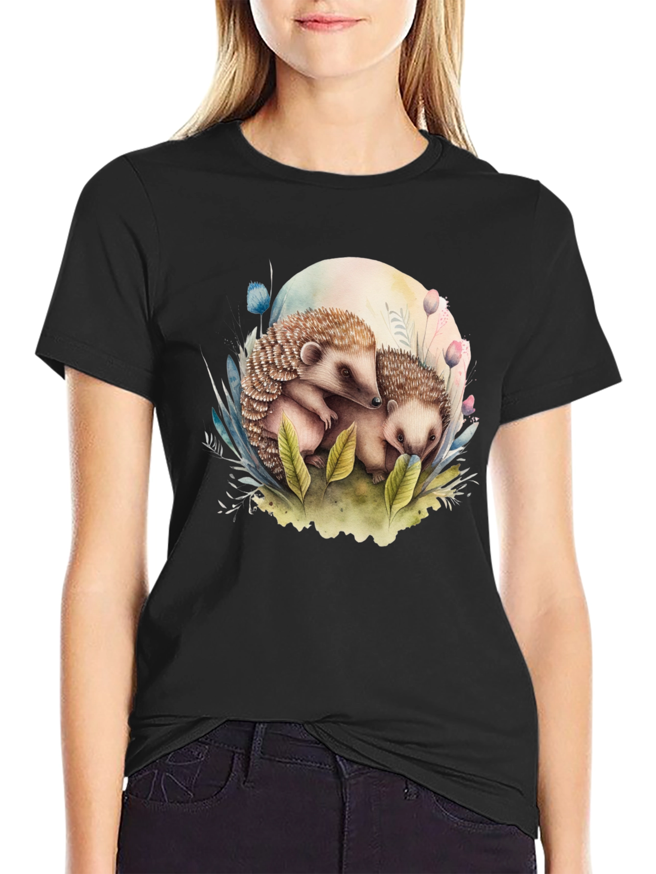 Black Cute Hedgehog Graphic Tee - Black view 2
