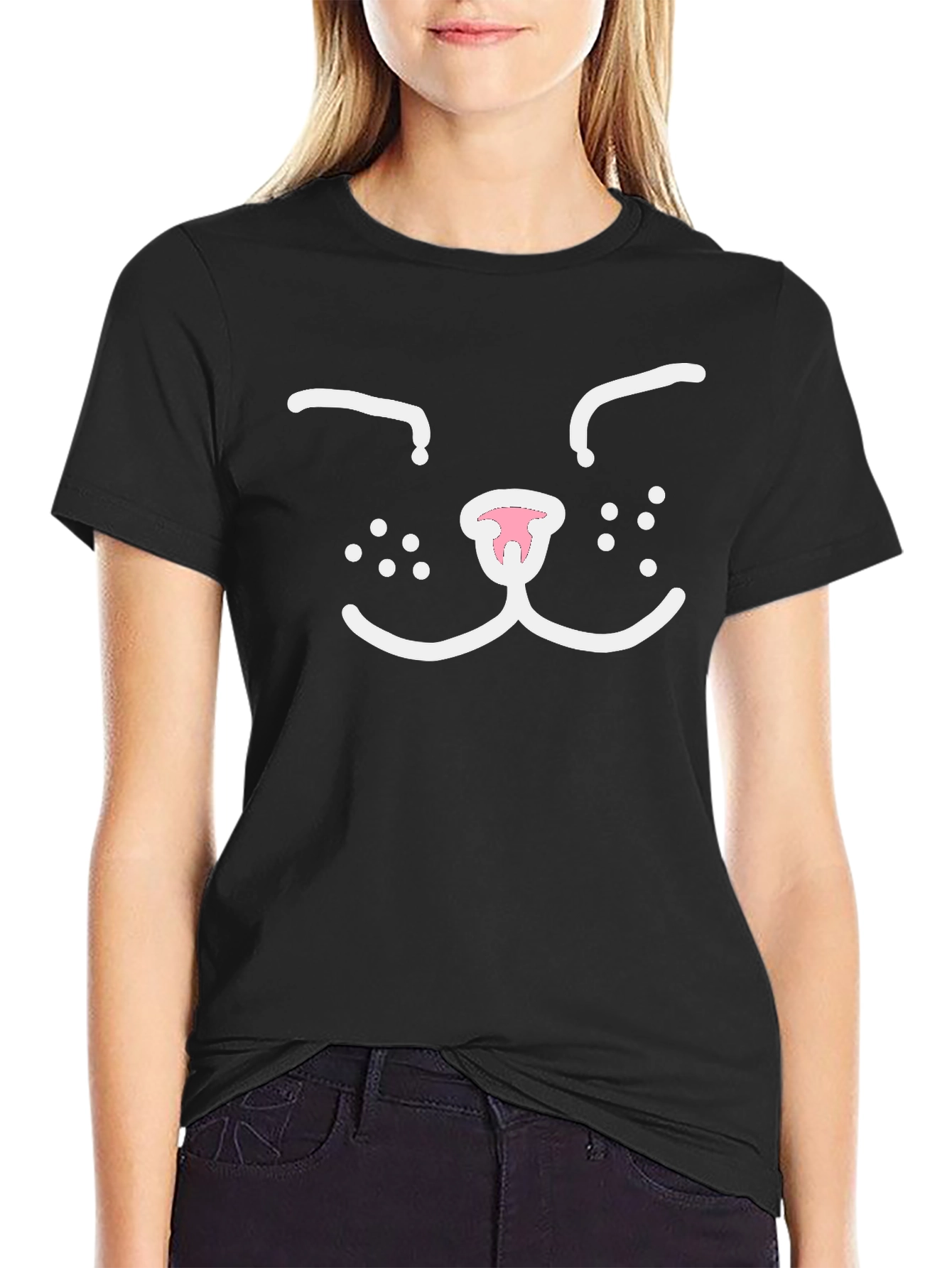 Black Cute Cat Face Graphic Tee - Black Cotton T-Shirt view 2