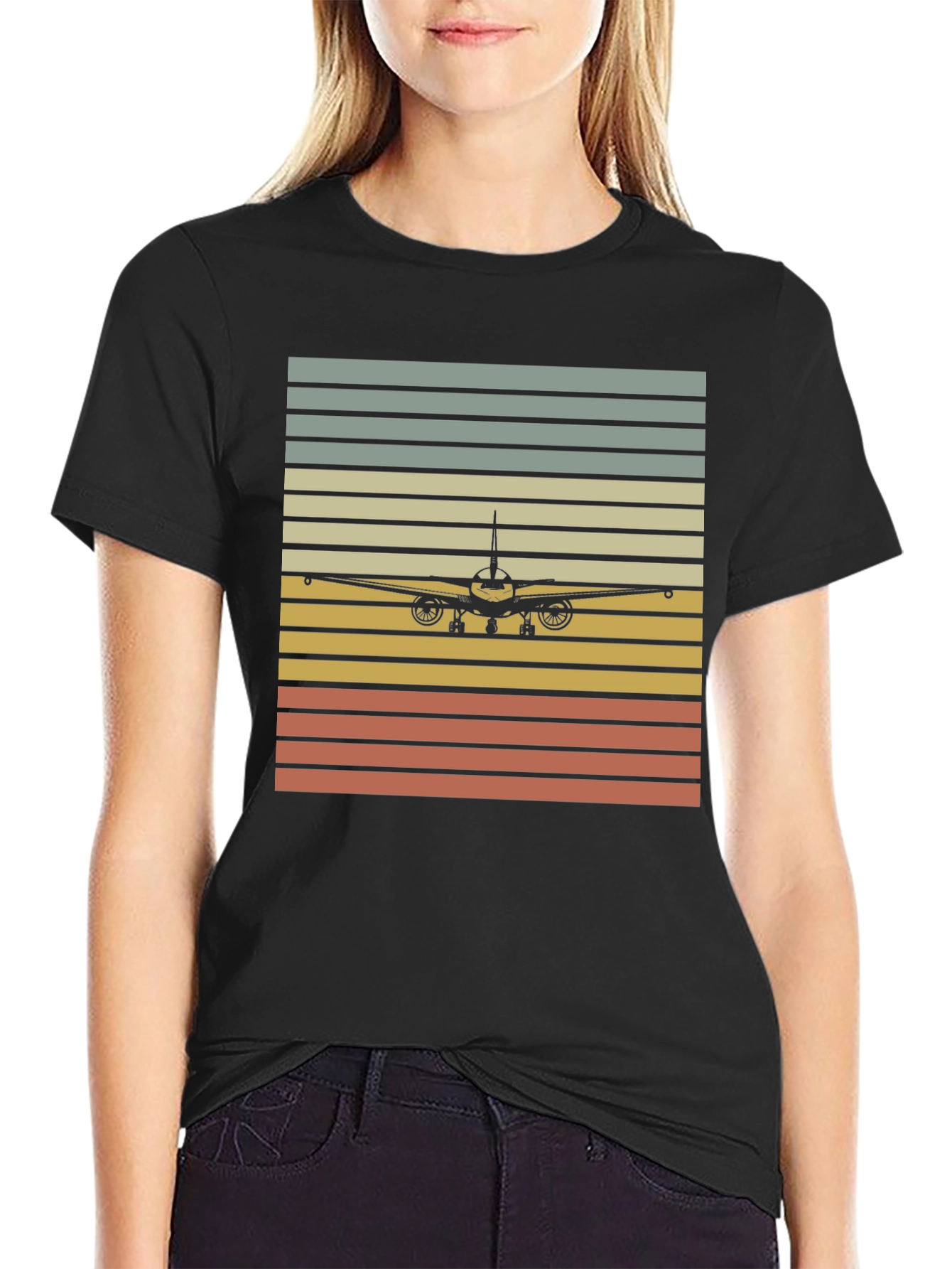 Black Vintage Airplane Sunset T-Shirt - Pilot Gift view 2
