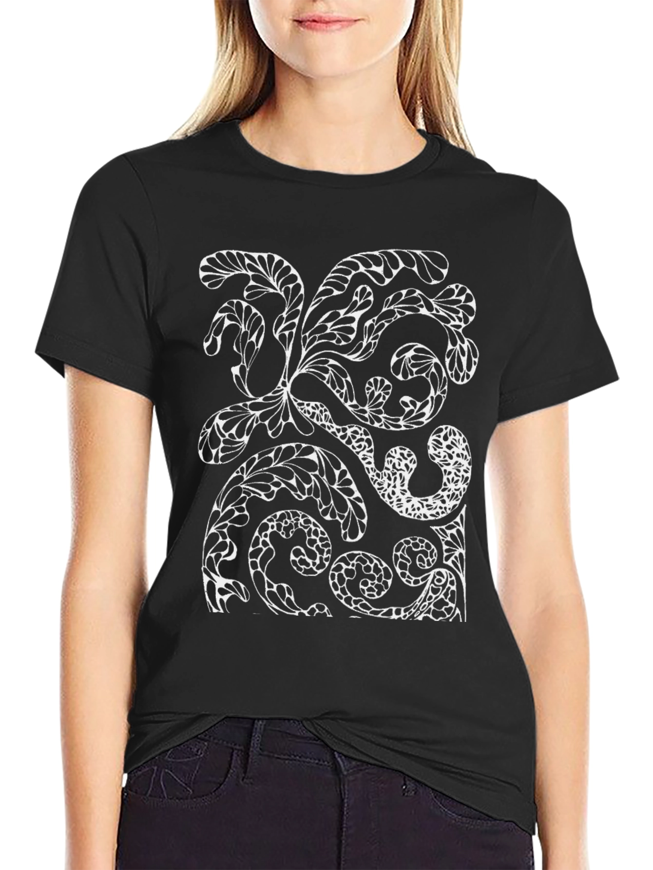 Black Abstract Floral Graphic Tee - Black Cotton Blend view 2