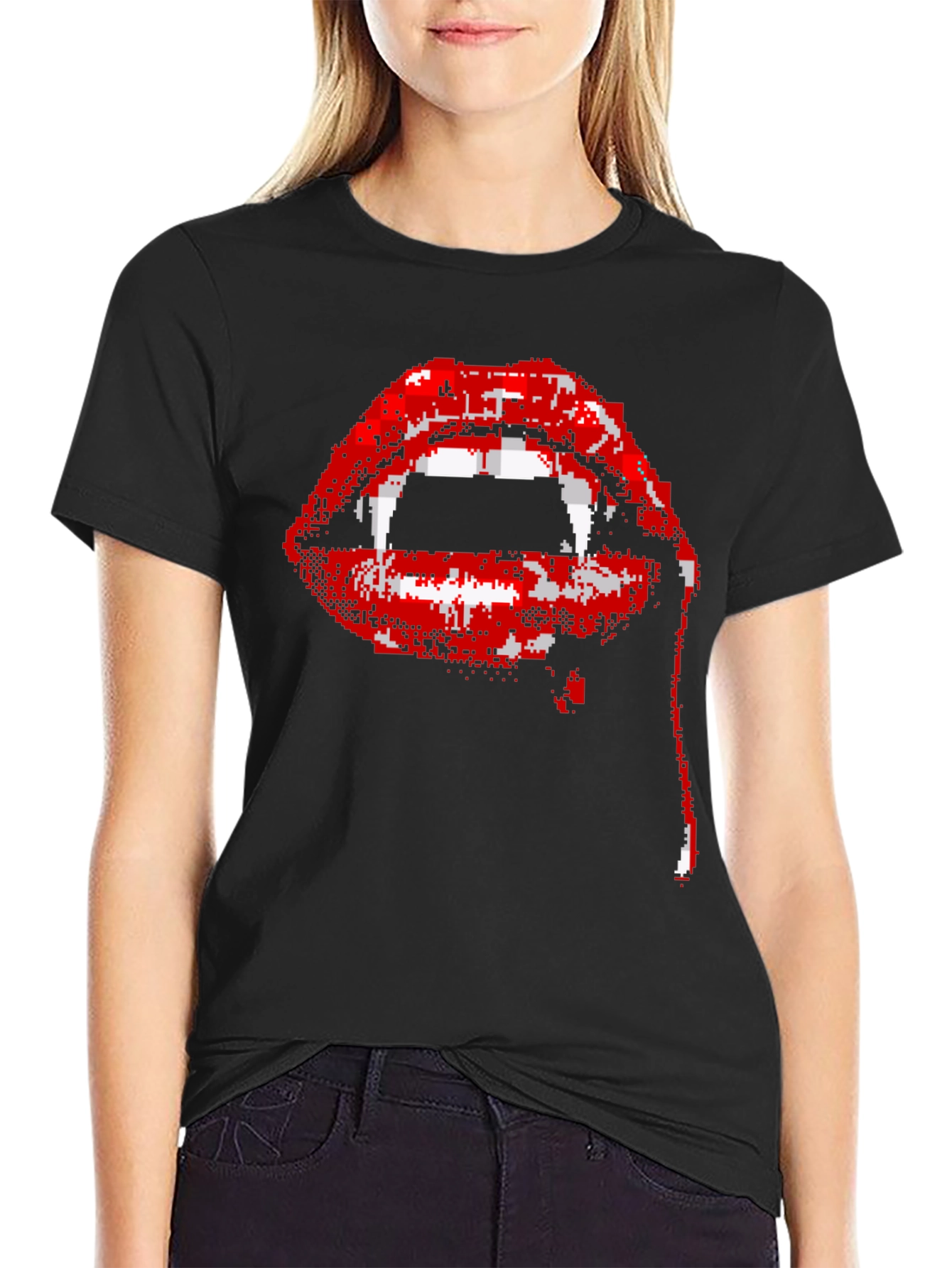 Black Pixel Vampire Lips Black T-Shirt view 2