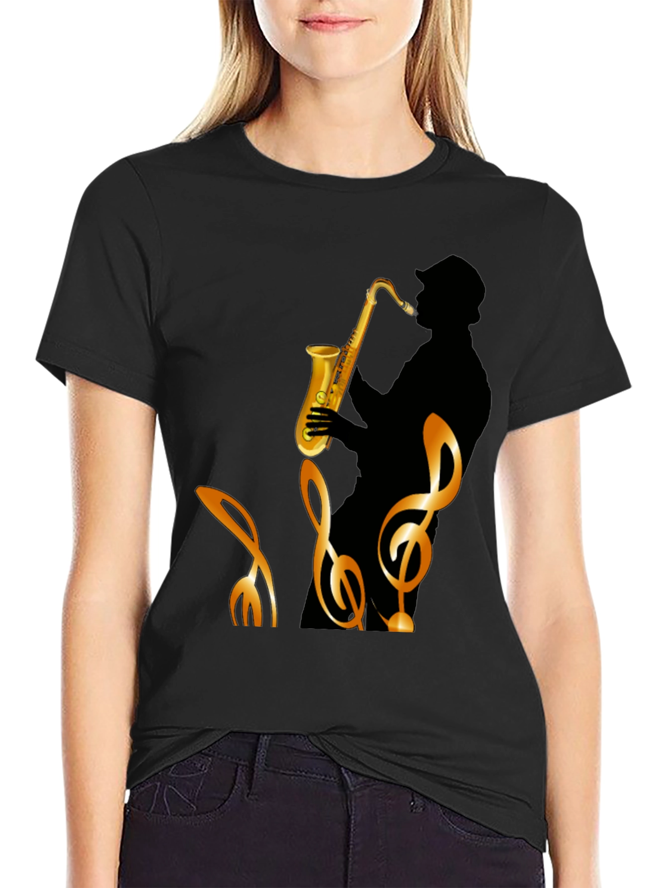 Black Cool Saxophone Graphic Black T-Shirt view 2