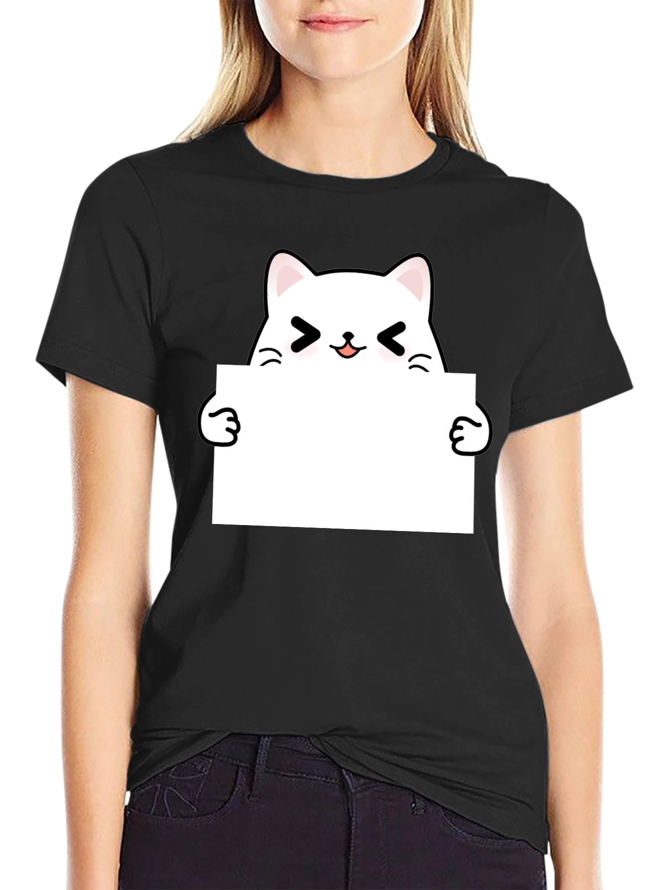 Black Cute Kawaii Cat Black T-Shirt view 2