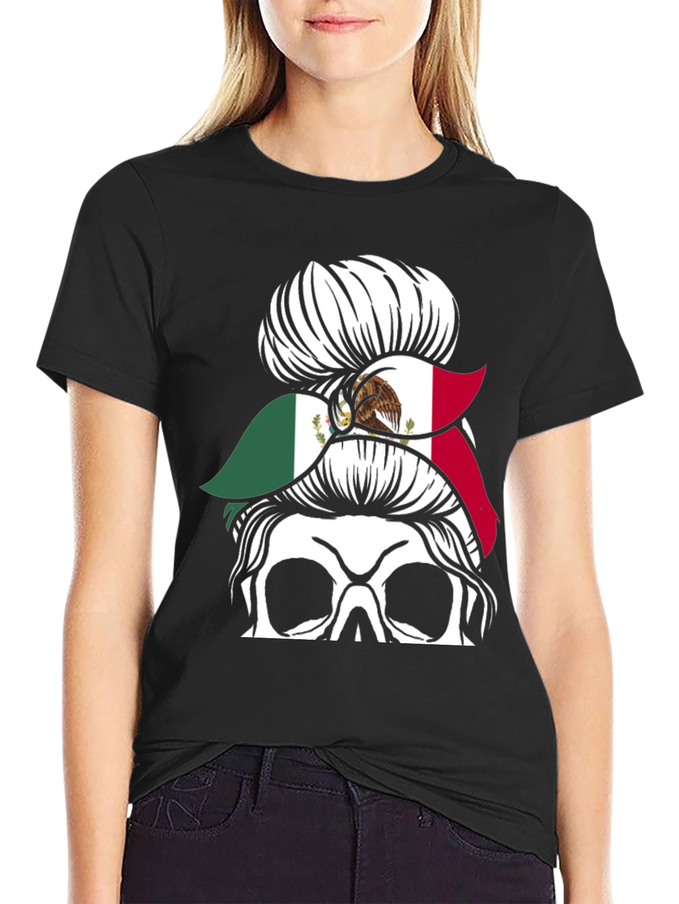 Mexican Flag Skull Messy Bun T-Shirt - 2