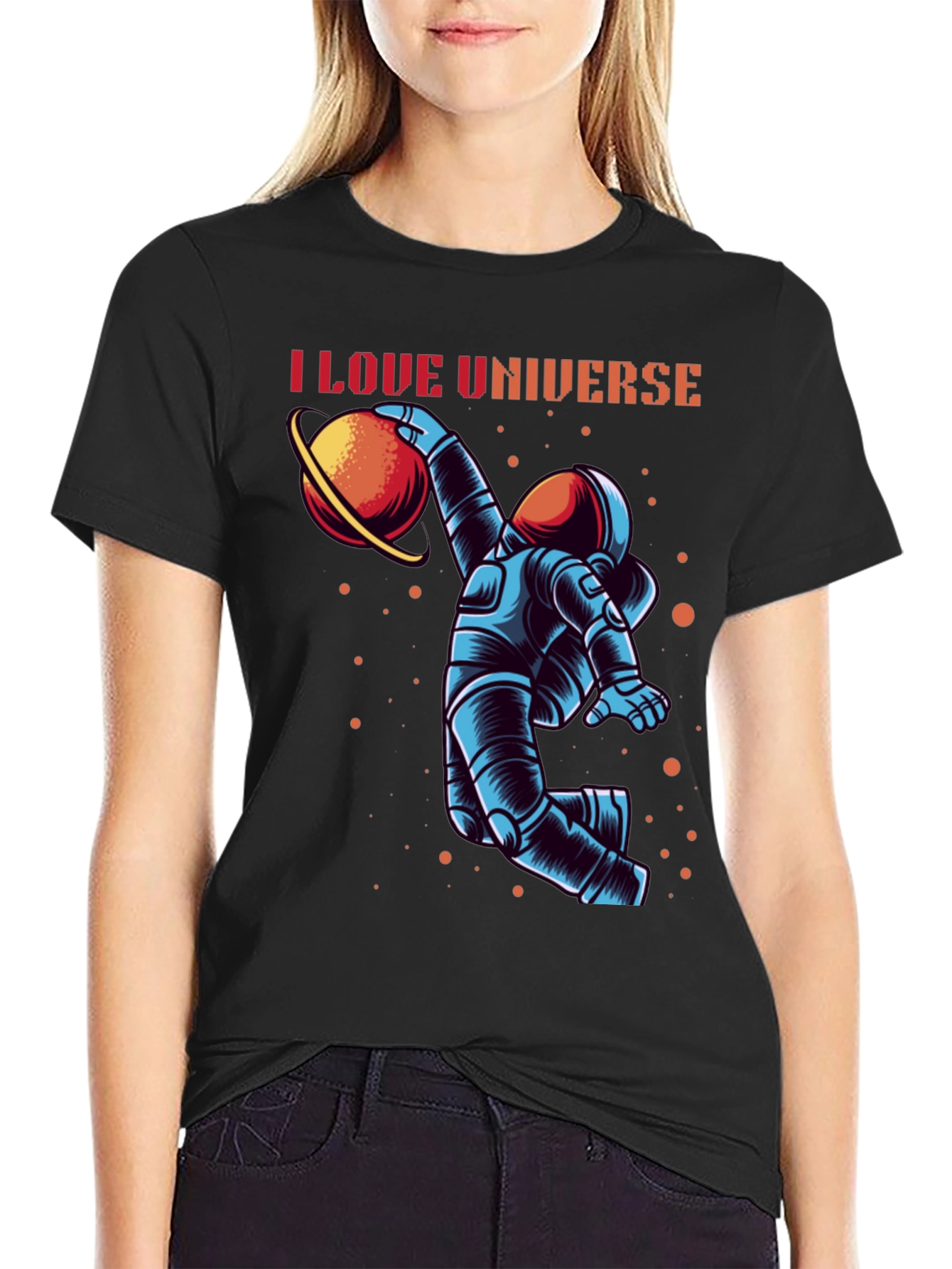 Black I Love Universe Astronaut Graphic T-Shirt view 2