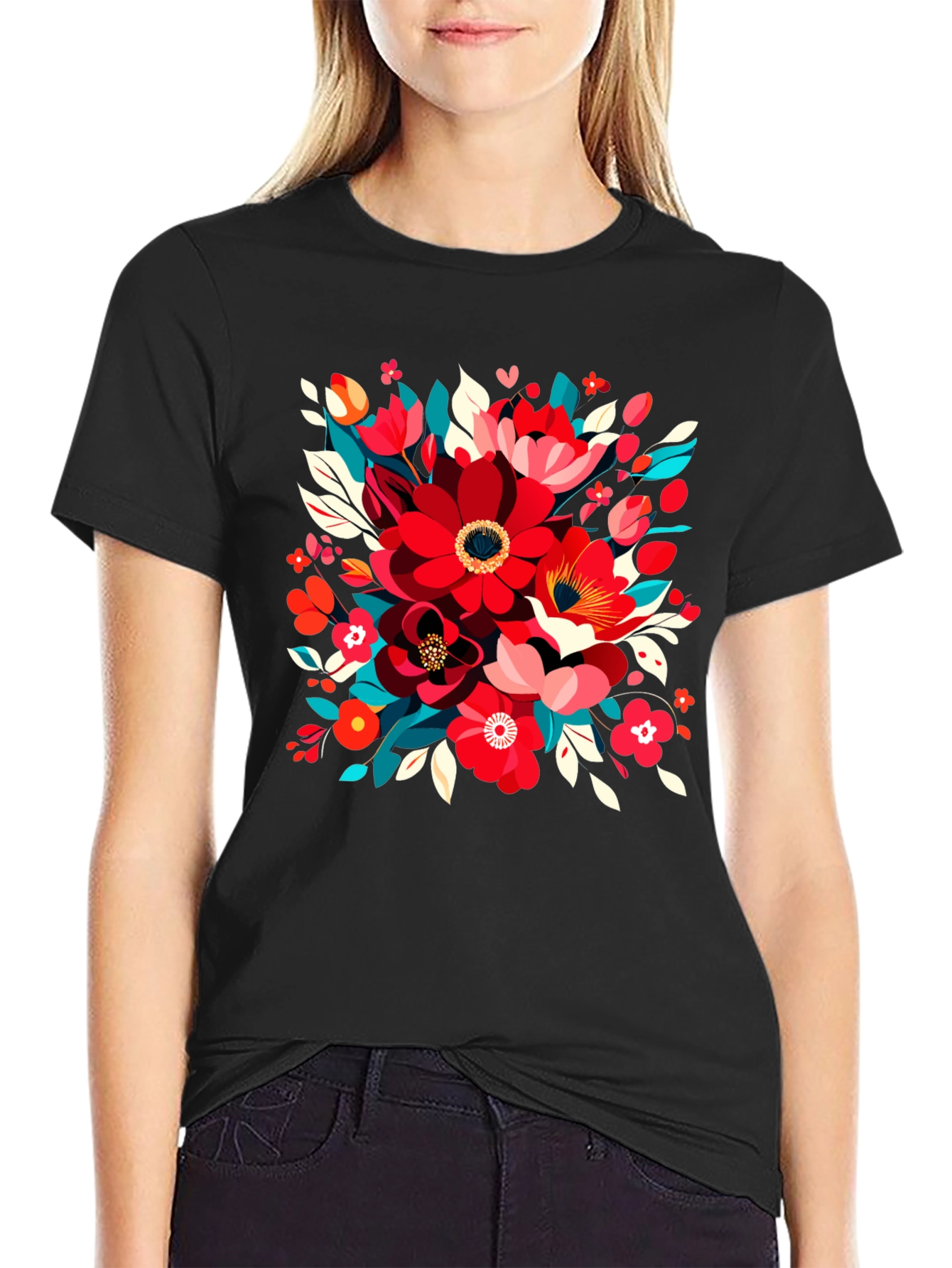 Black Floral Design Black T-Shirt view 2