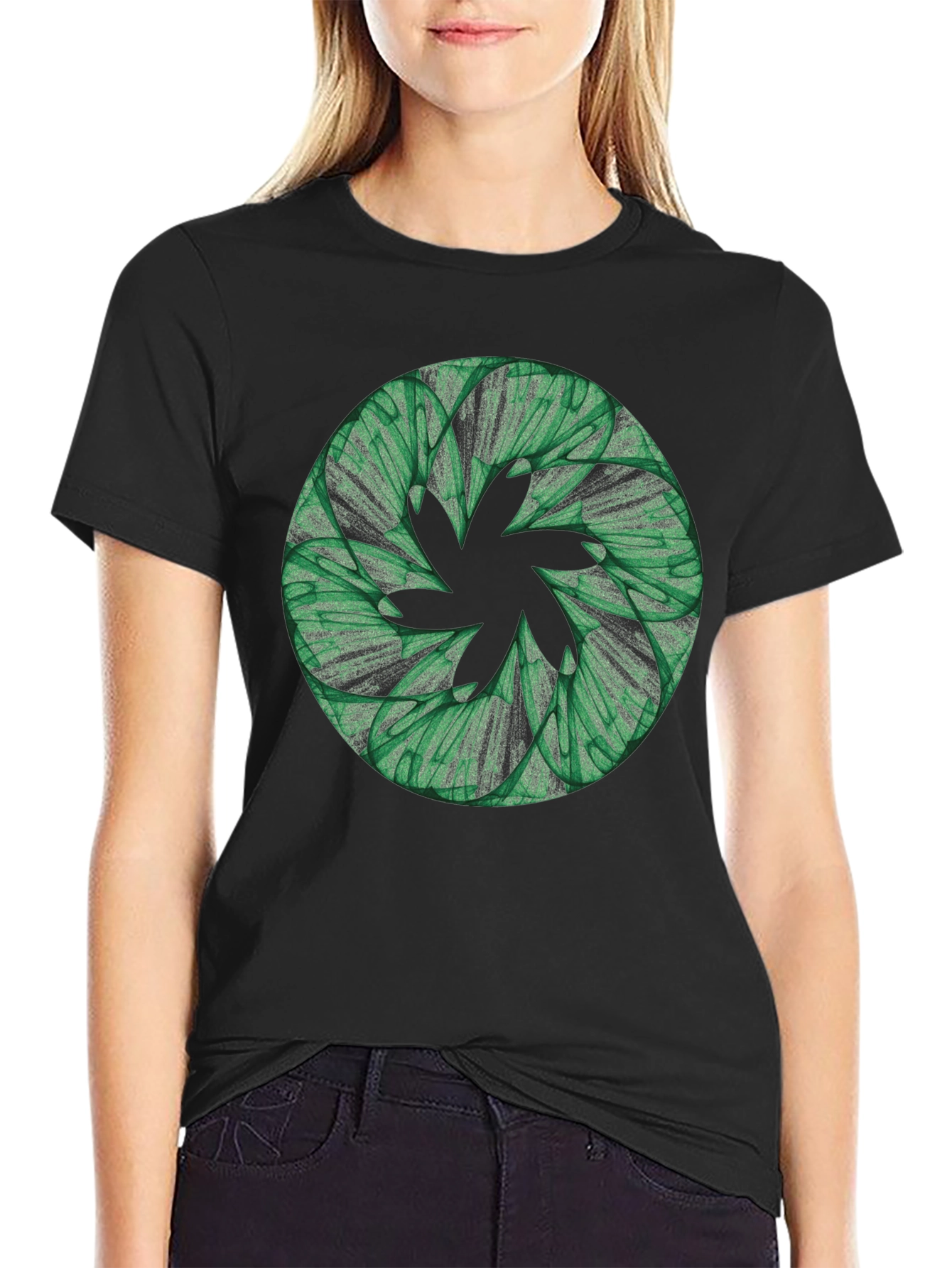 Black Abstract Green Floral Pattern Black T-Shirt view 2
