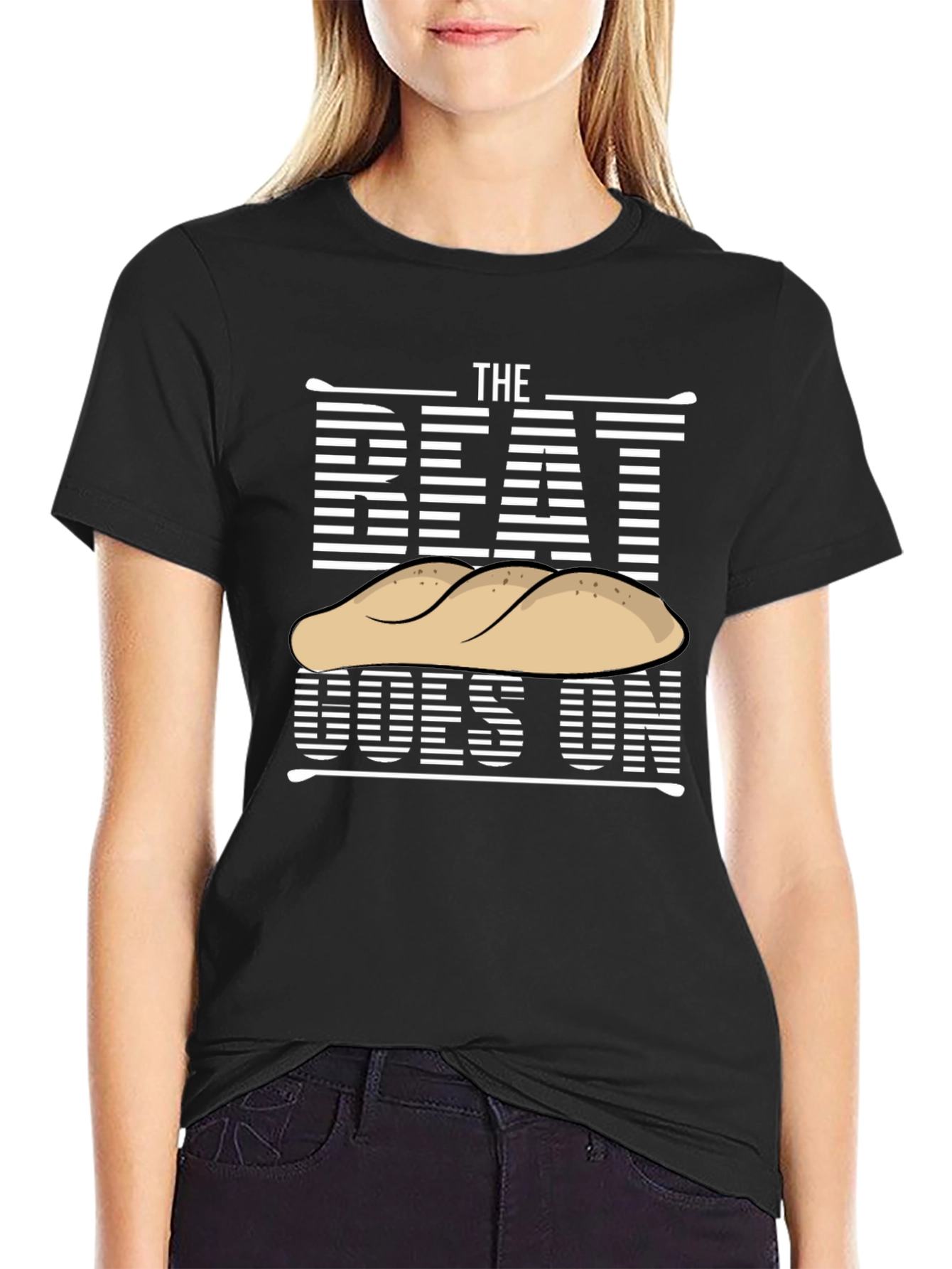 Black The Beat Goes On T-Shirt - Funny Bread Drummer Tee view 2