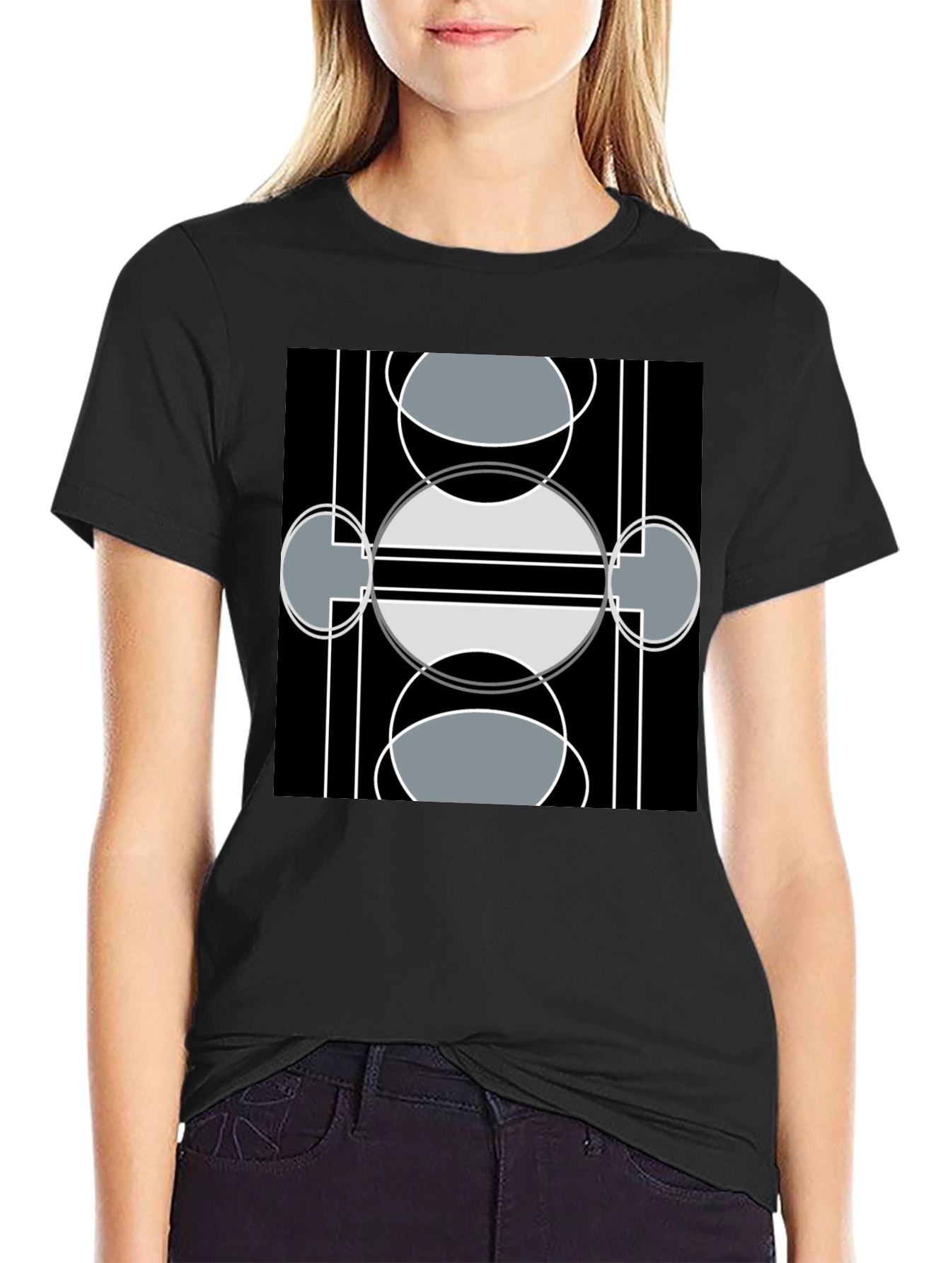 Black Modern Geometric Design Black T-Shirt view 2