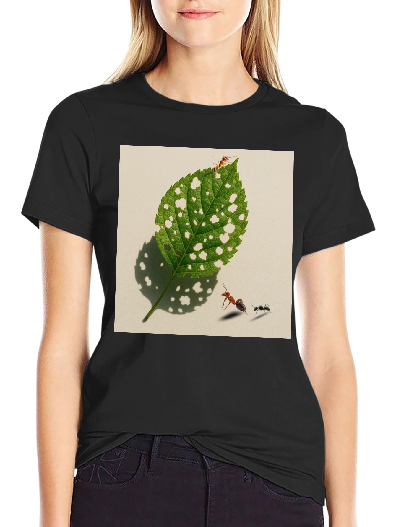 Black Ants & Leaf Graphic Tee - Unique Nature Shirt view 2