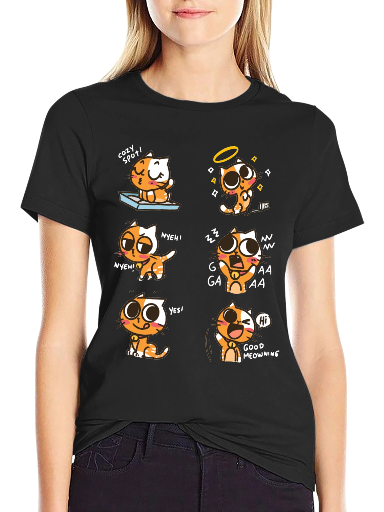 Black Cartoon Cat Graphic Tee -  Playful Comfort view 2