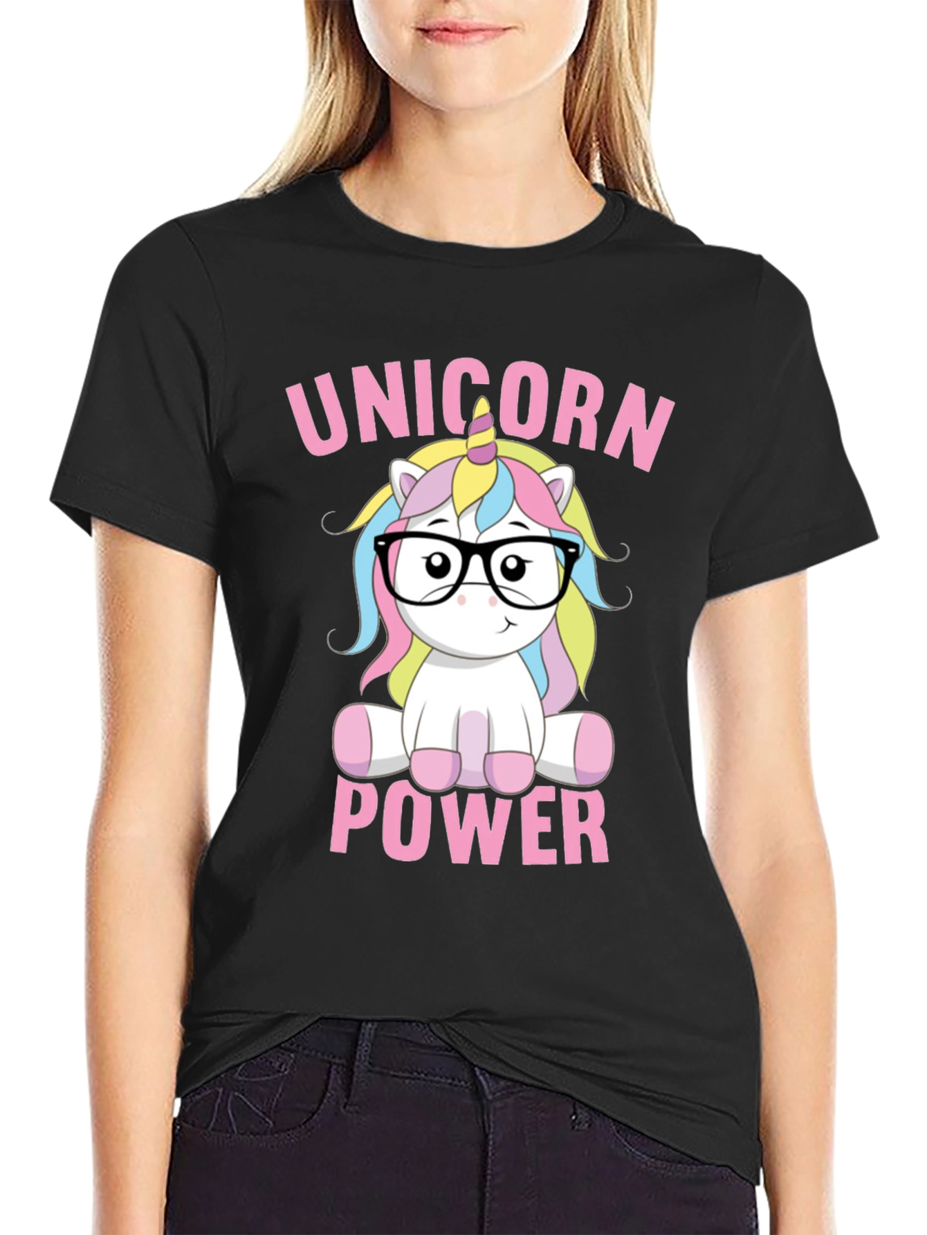 Black Unicorn Power T-Shirt - Cute Cartoon Design view 2