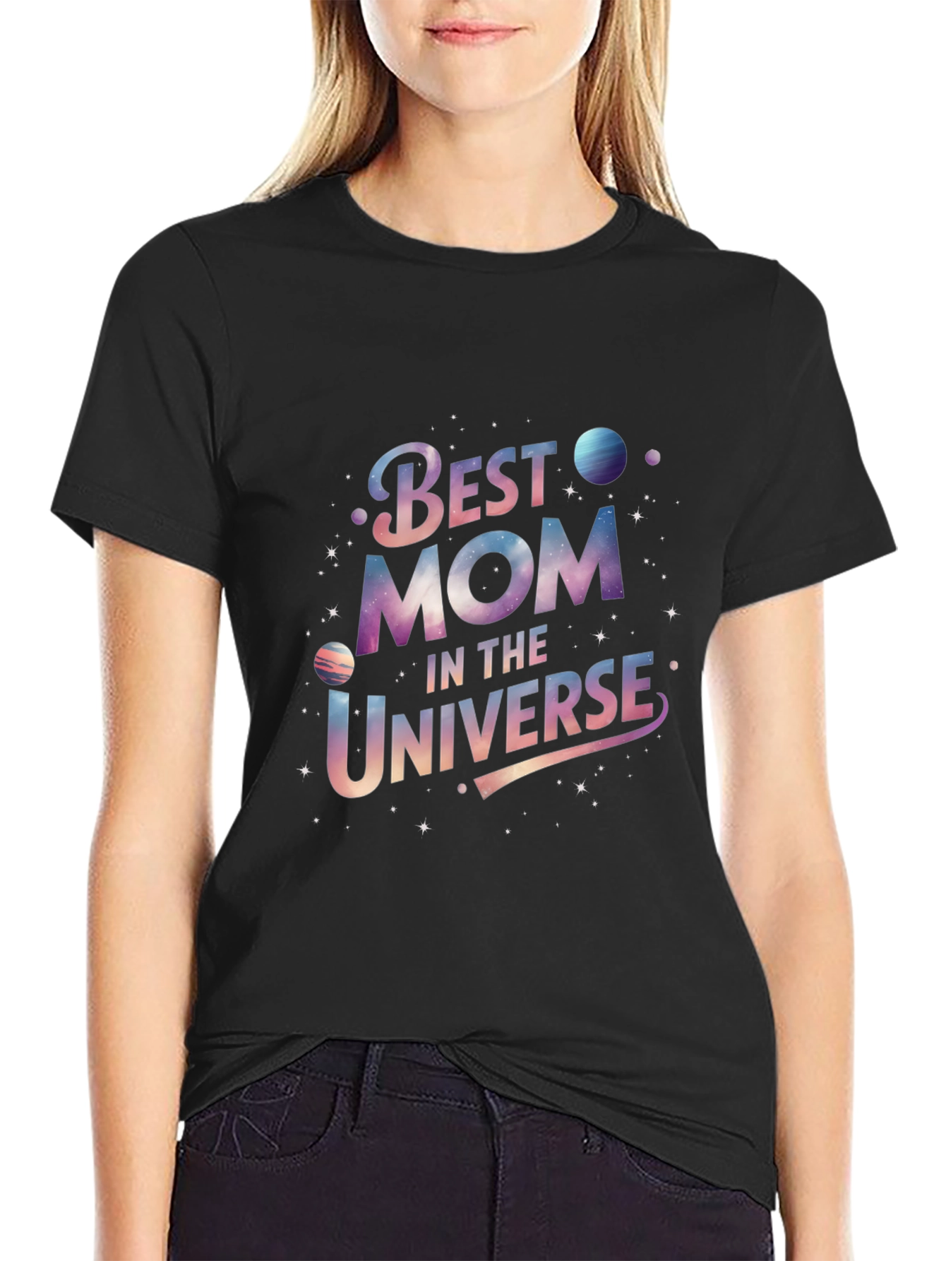 Black Best Mom in the Universe Black Graphic T-Shirt view 2