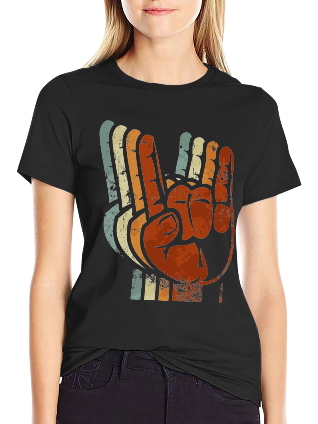 Black Vintage Retro Hand Gesture Graphic T-Shirt view 2