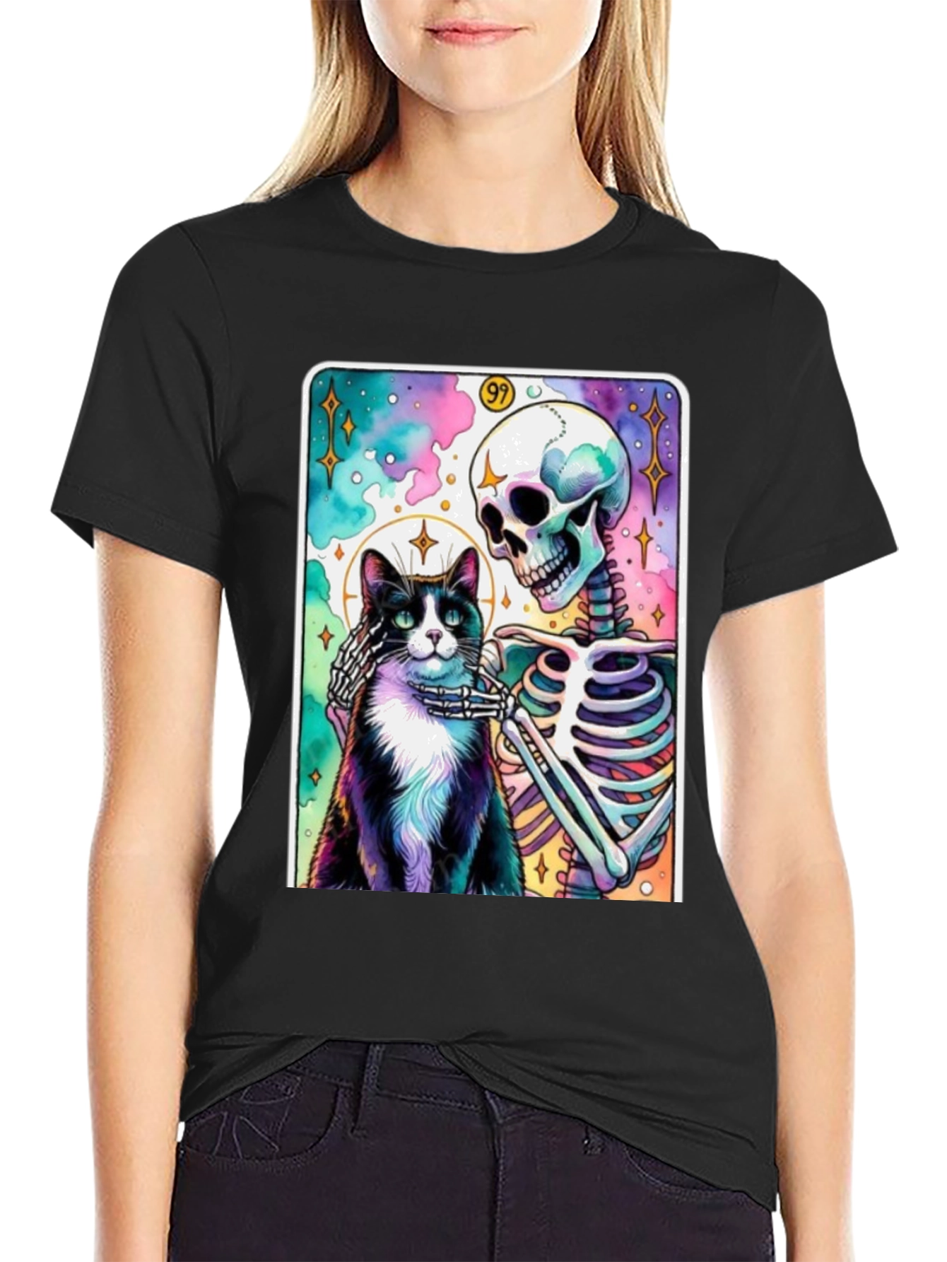 Black Cat & Skeleton Graphic Tee - Unique Design view 2