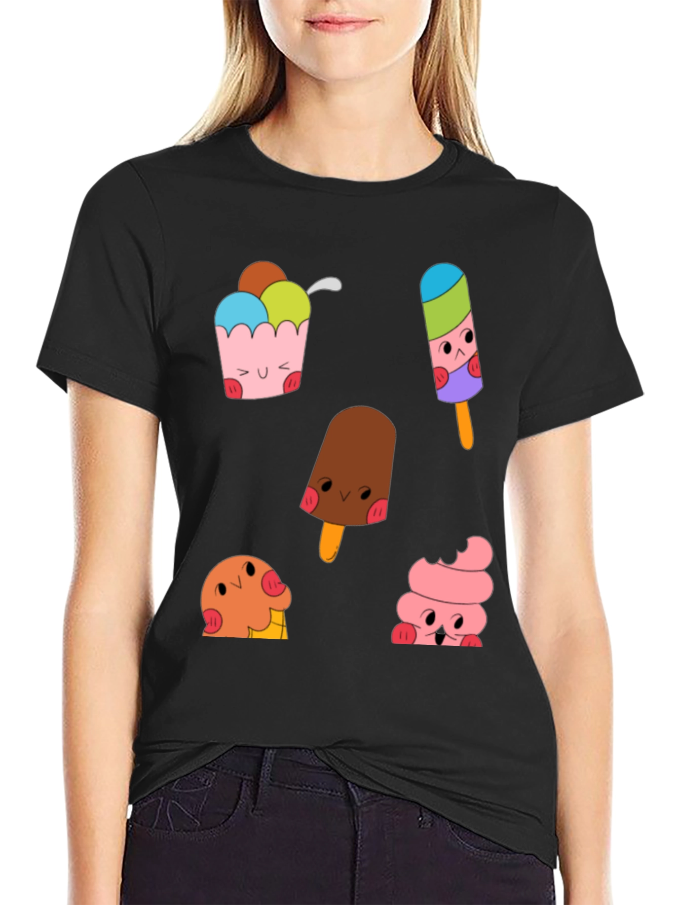 Black Cute Cartoon Ice Cream Graphic Tee view 2
